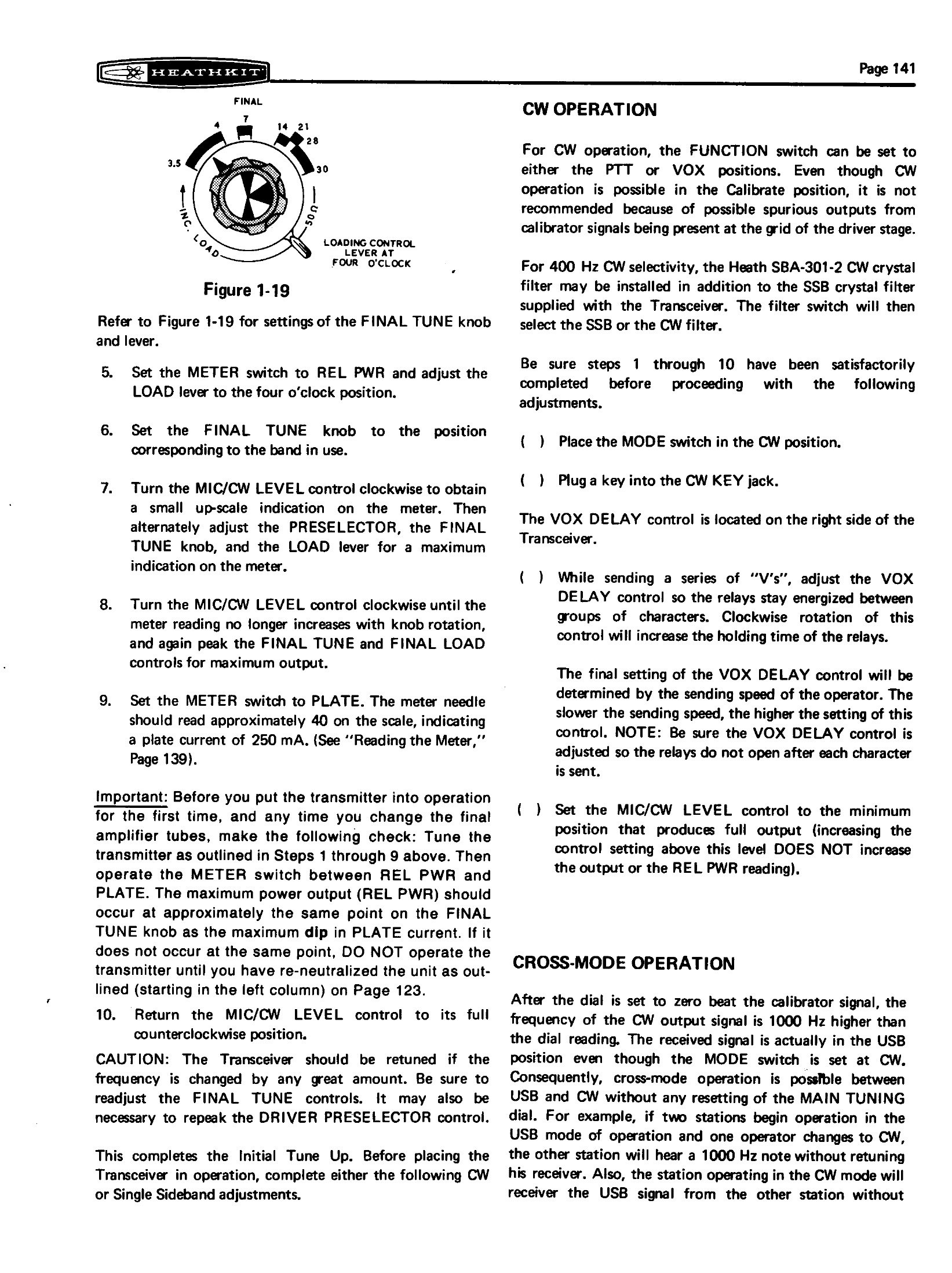 Figure 17 — The initial tune-up, with figure 1-19 showing the FINAL TUNE settings for each band and the loading lever at four o'clock. The boxed "Important" paragraph is the neutralisation cross-check: maximum…