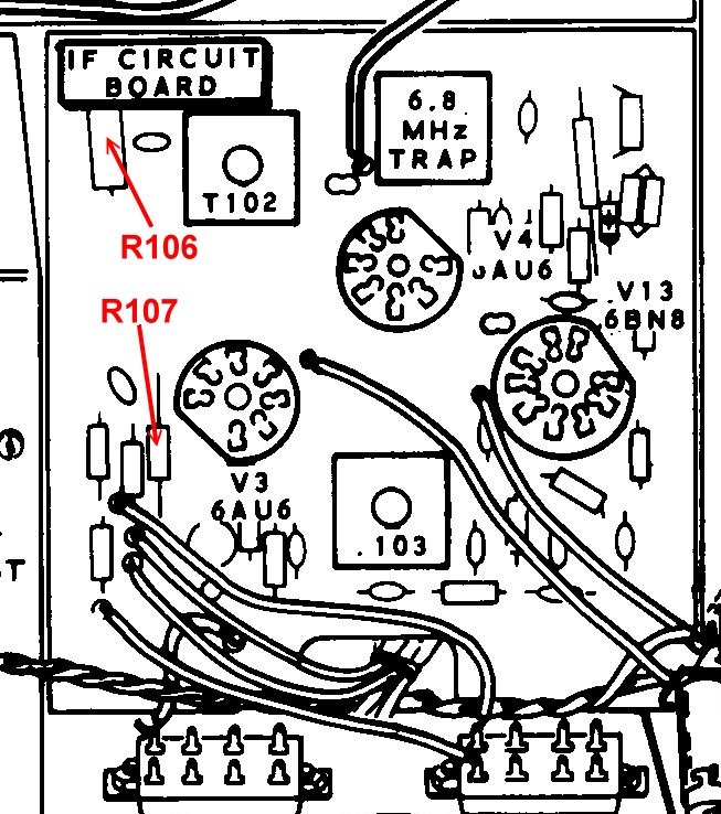 Figure 4 — R106 and R107 in the S-meter divider, located on the IF board layout. Heath's fix was more wattage: the resistors were changing value as they warmed, and the meter followed.