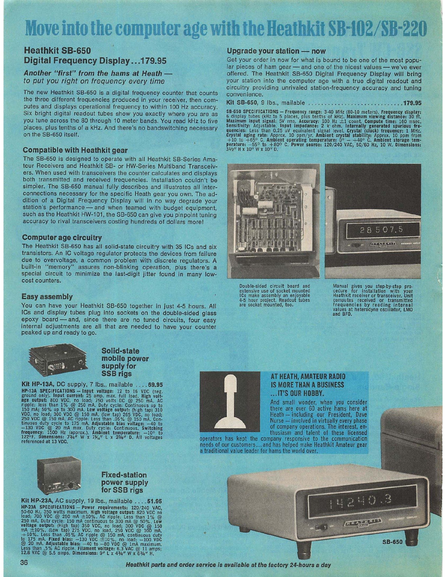 Figure 4 — The SB-650 digital frequency display in catalogue 810/73 at $179.95 — six Nixie readouts, 95 integrated circuits, and copy that names the HW-101 specifically: teamed with budget equipment "such as …