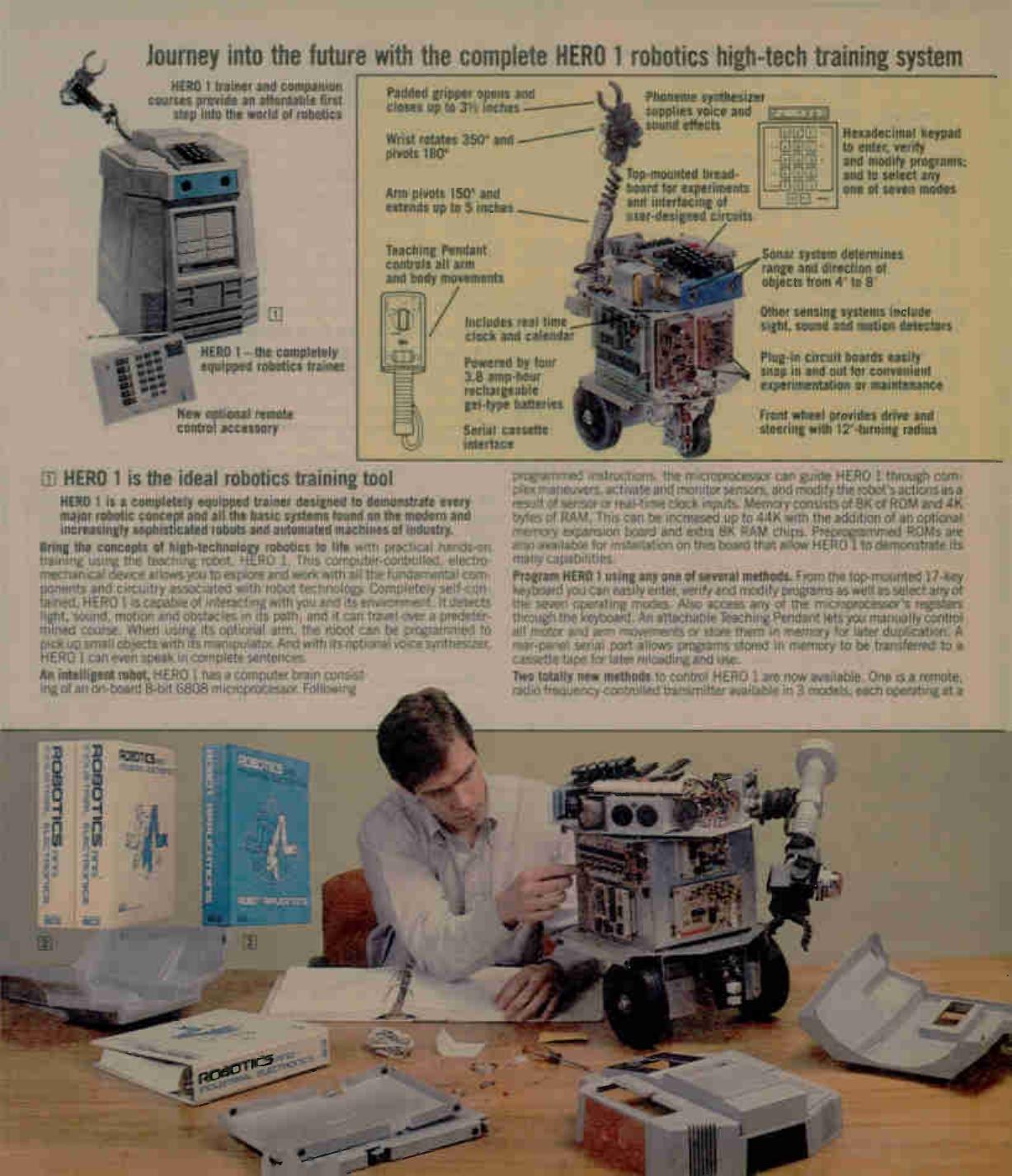 Figure 5 — Fall 1984: "Journey into the future with the complete HERO 1 robotics high-tech training system". The photograph at lower left shows a student with the robot and the new radio remote control, which…