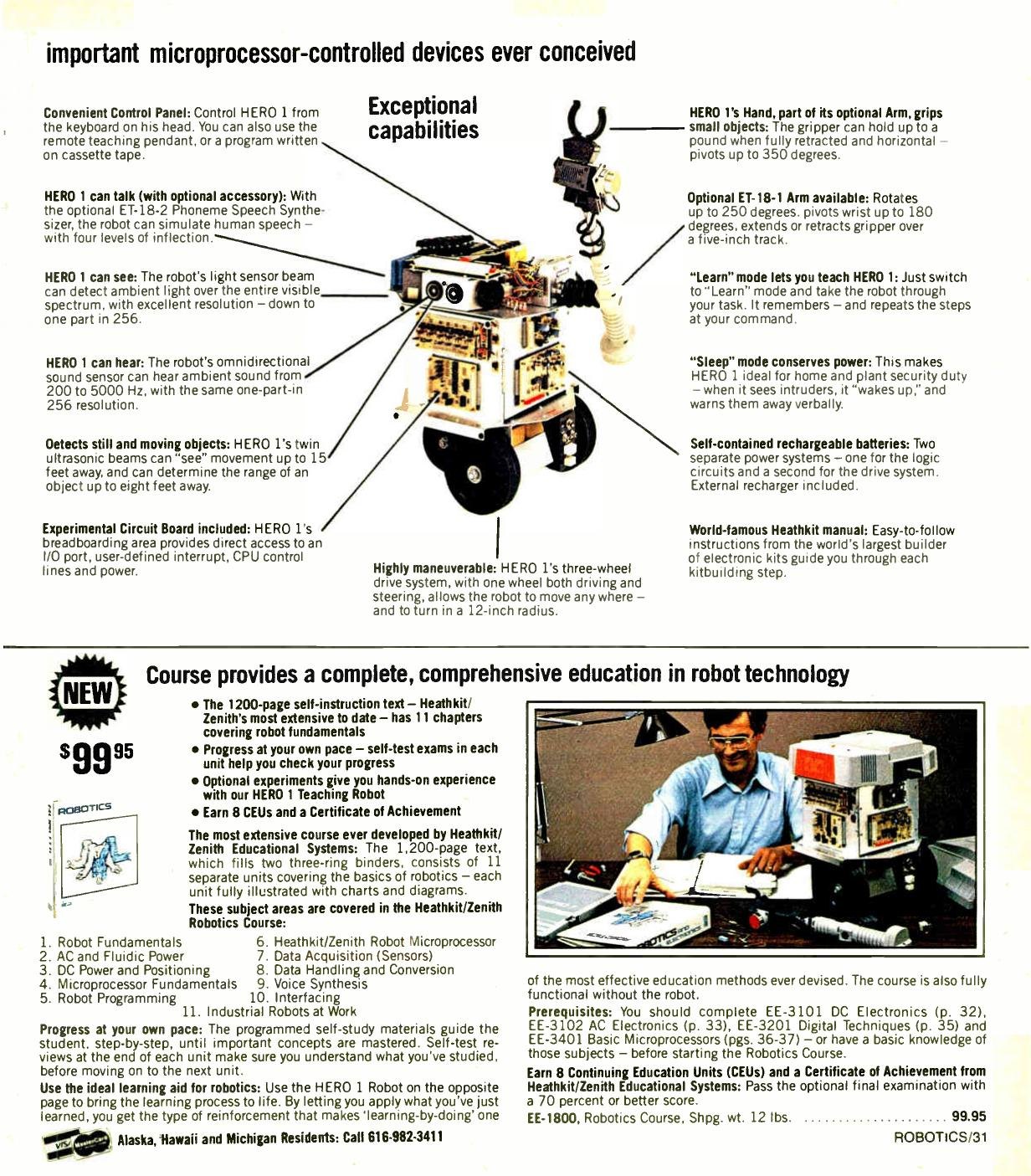 Figure 6 — The course and the robot introduced together, Winter 1983. The right-hand page offers EE-1800 at $99.95 with its eleven units listed. The left-hand side continues the robot's feature list: the "Lea…
