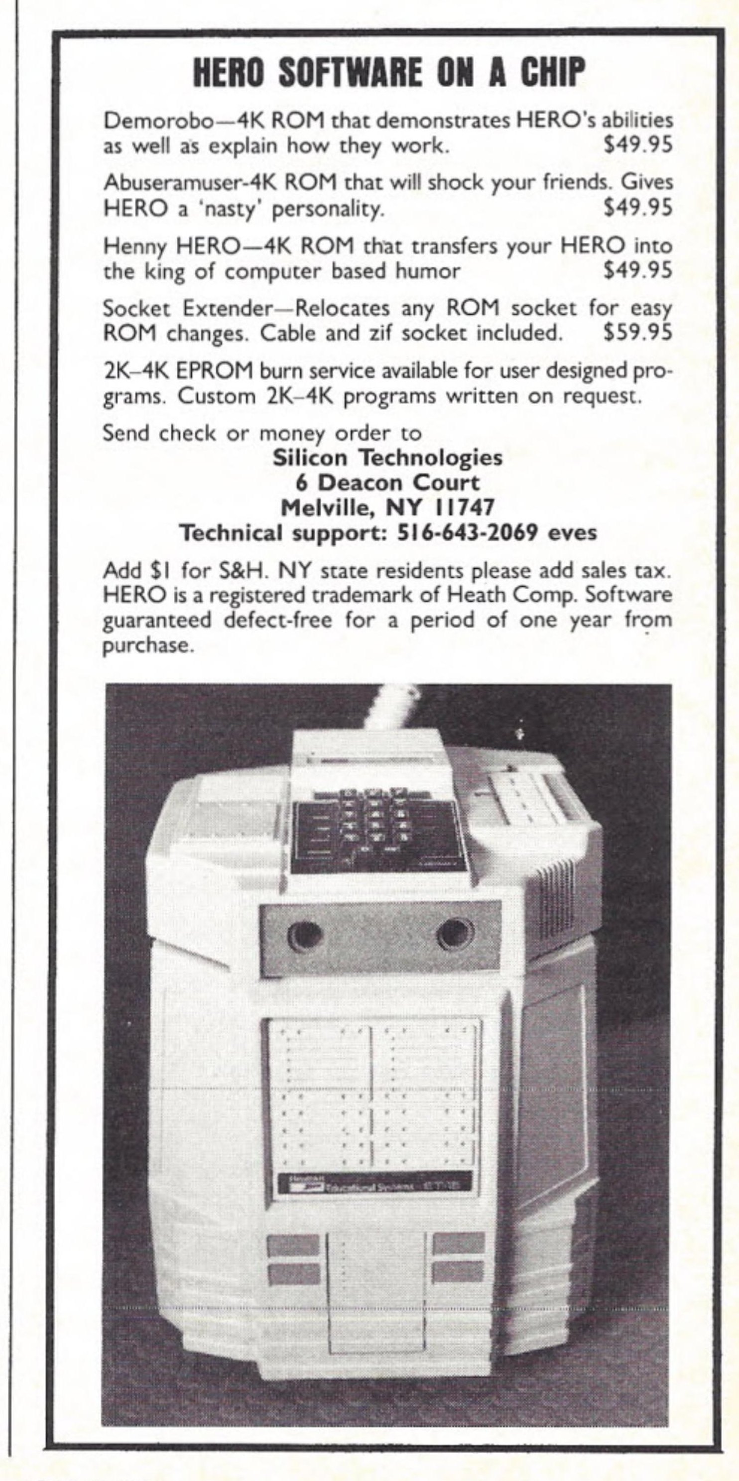 Figure 13 — "HERO Software on a Chip": Silicon Technologies' ROM personalities for HERO 1, at $49.95 each, May 1985. The photograph is Heath's own publicity picture of the robot, with the "Educational Systems …