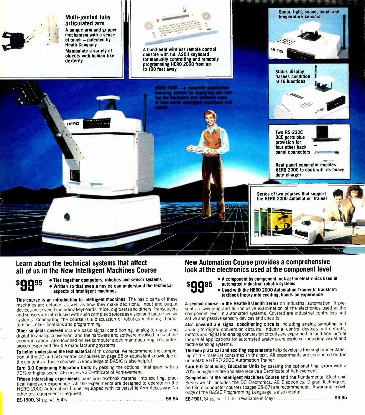 Figure 12 — The second HERO 2000 page, Spring–Summer 1986. A labelled photograph shows the arm, the status display, the remote console and the rear-panel docking connector; below are the two new courses, EE-19…