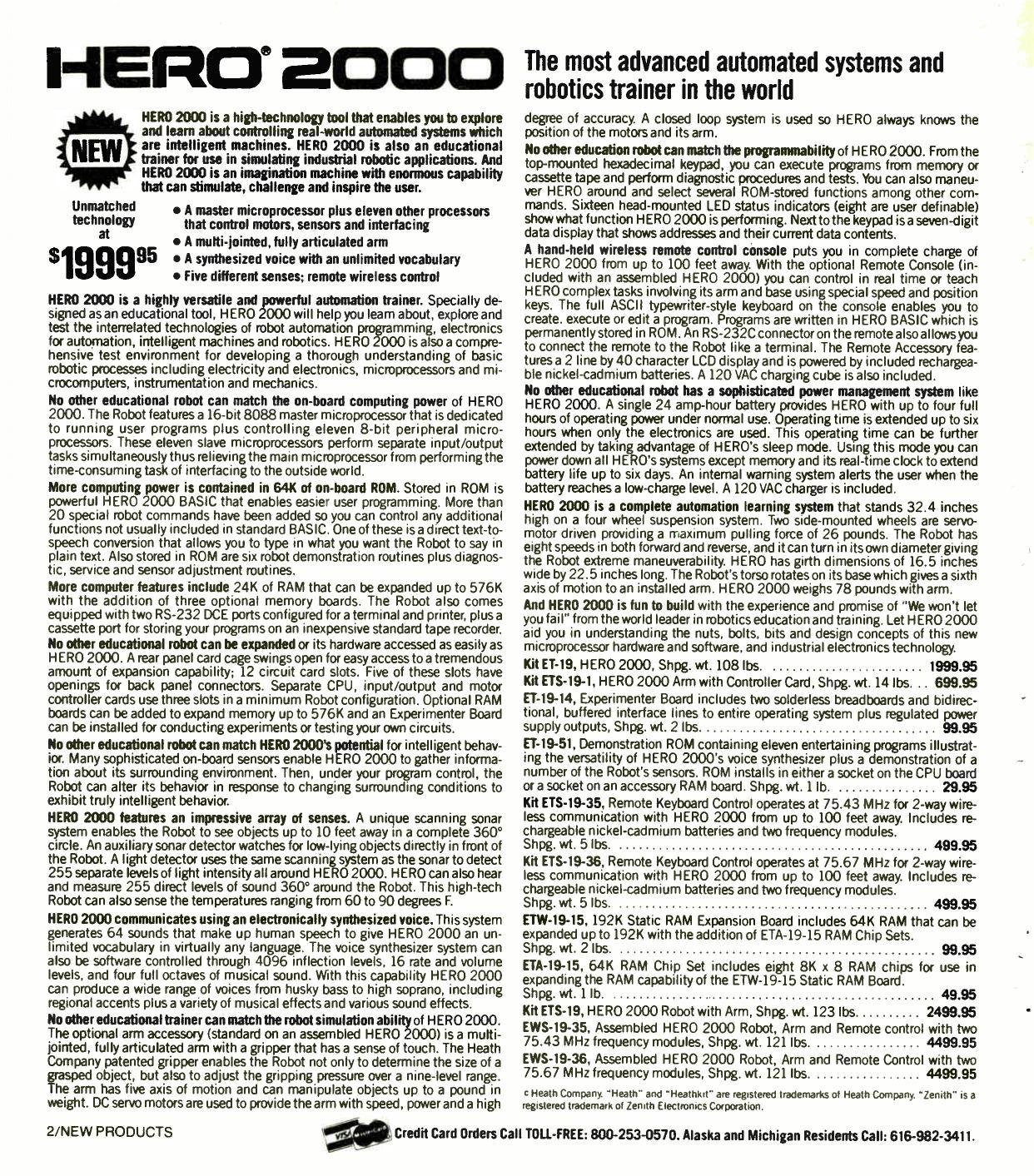 Figure 10 — The HERO 2000 launch page, Spring–Summer 1986. The flash at left gives the kit price, $1999.95; the column at right lists the arm, the memory board, the remote keyboard console and the assembled ro…