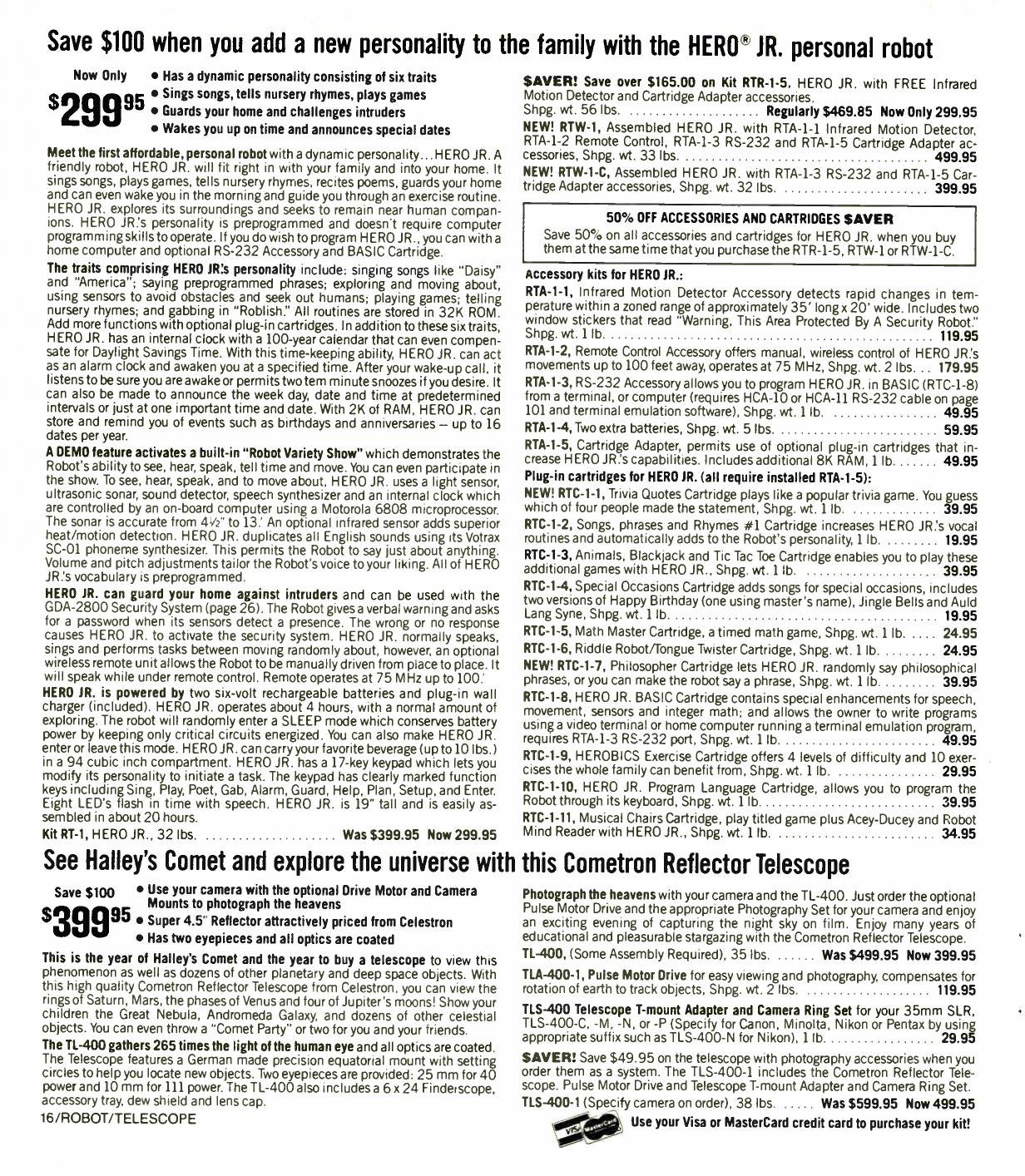 Figure 8 — Spring–Summer 1986: "Save $100 when you add a new personality to the family", the kit at $299.95, and the first catalogue appearance of the assembled RTW-1 and RTW-1-C.