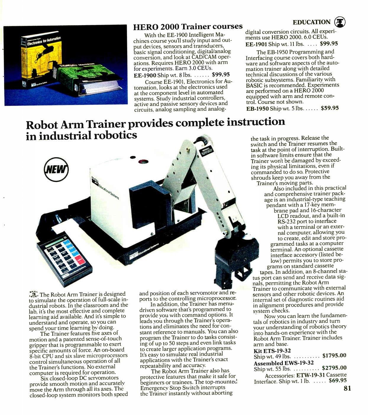 Figure 13 — Christmas 1987: the HERO 2000 trainer courses at the top, and "Robot Arm Trainer provides complete instruction in industrial robotics" below, with the kit at $1795.00 and the assembled trainer at $…