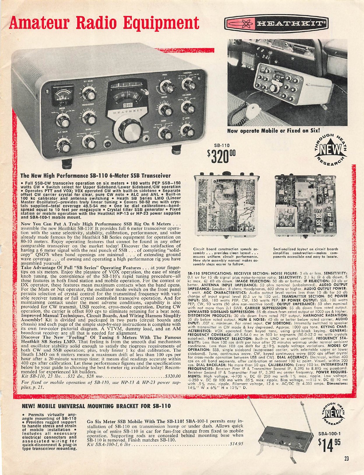 Figure 8 — The SB-110 six-metre transceiver introduced in catalogue 800/55 at $320: "Now you can put a truly high-performance SSB transceiver on six". The page predates the SB-100, which is not in this catalo…