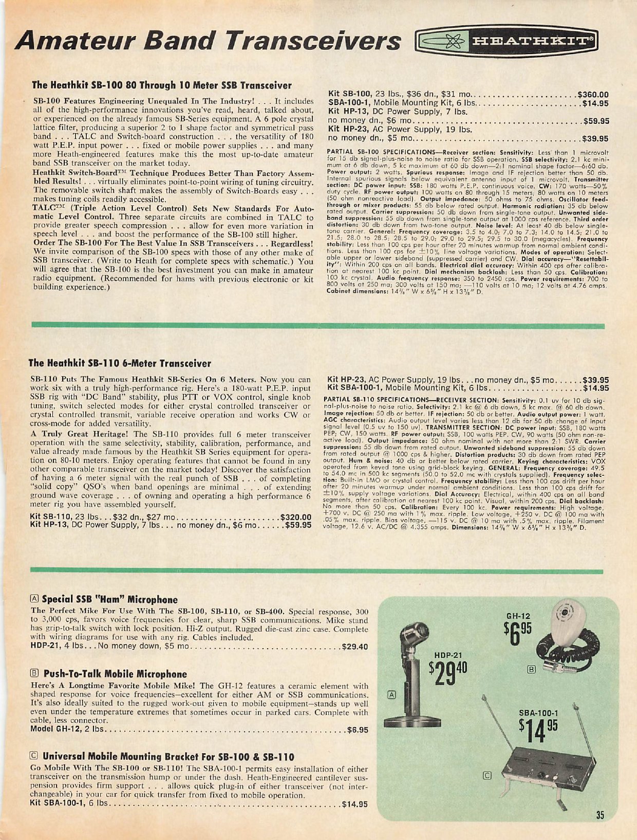 Figure 4 — "The Heathkit SB-100 80 Through 10 Meter SSB Transceiver" at $360, with the SB-110 six-metre transceiver below it at $320 and the HDP-21 microphone and SBA-100-1 mobile mount at the foot of the pag…