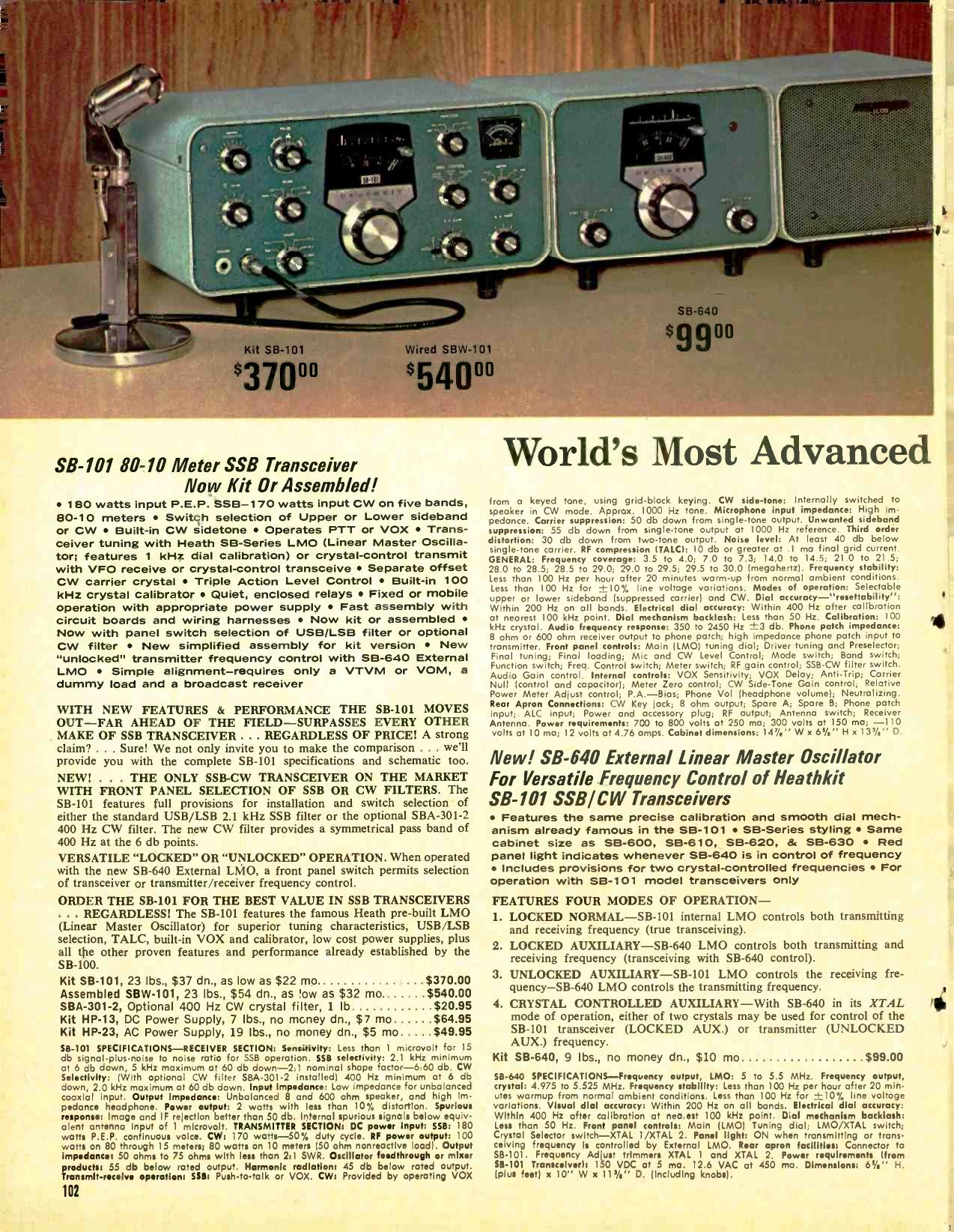 Figure 5 — The SB-101 page from the 1968 catalogue: kit $370, factory-assembled SBW-101 $540, and the new SB-640 External Linear Master Oscillator at $99. The copy sets out the four modes of operation the SB-…