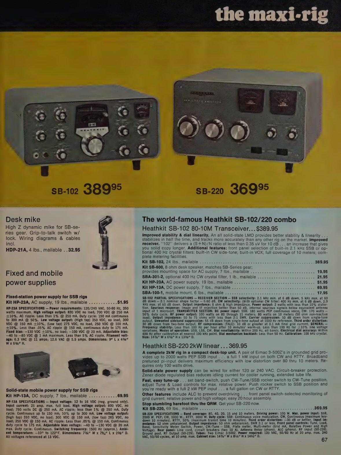 Figure 11 — "The maxi-rig": the SB-102 at $389.95 beside the SB-220 two-kilowatt linear at $369.95 in catalogue 810/72. This is the only catalogue found in which the SB-102 was dearer than $385.