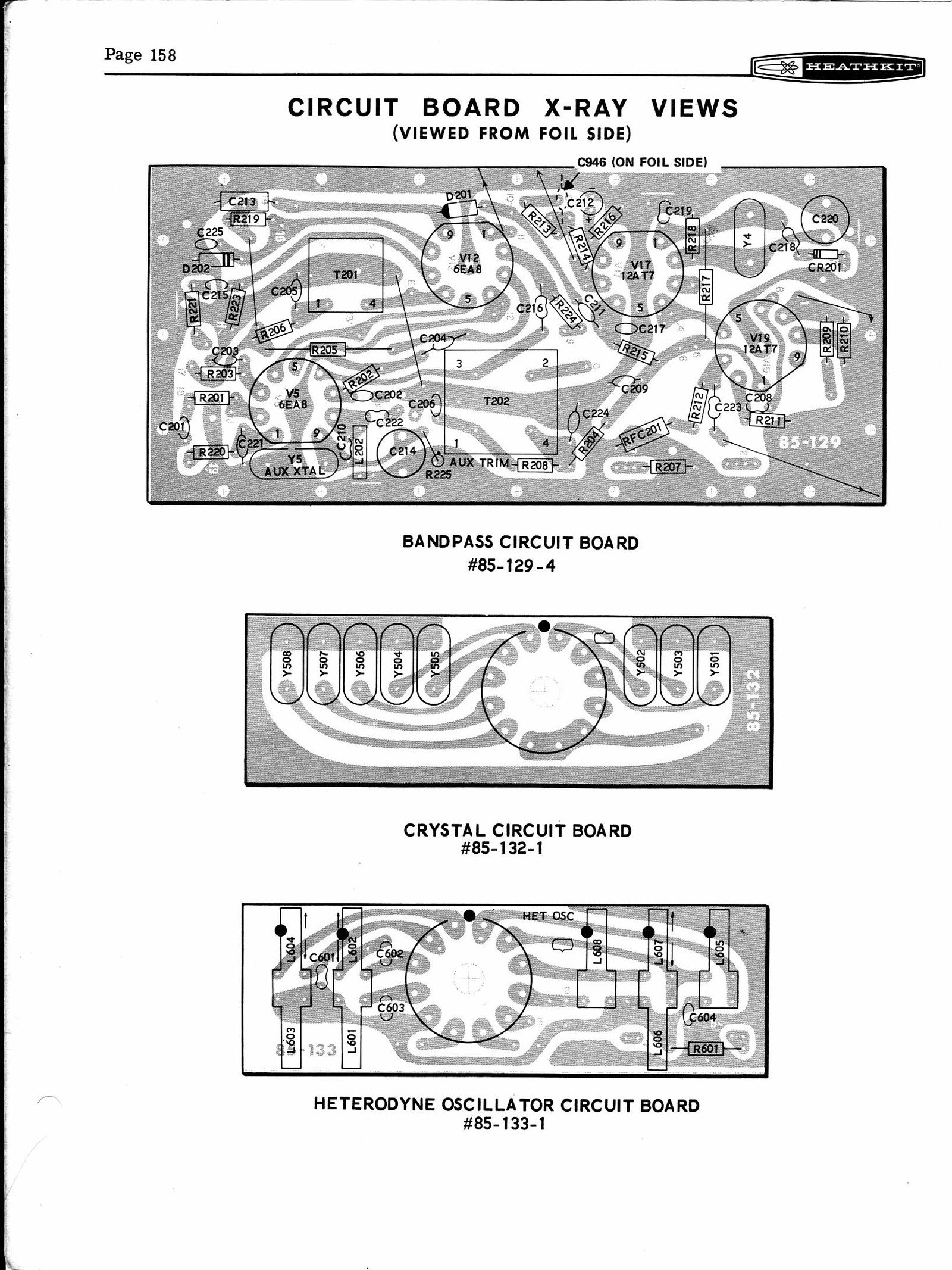 Figure 15 — The circuit-board X-ray views at the back of the manual, drawn from the foil side: the bandpass board #85-129-4, the crystal board #85-132-1 and the heterodyne oscillator board #85-133-1. With the …