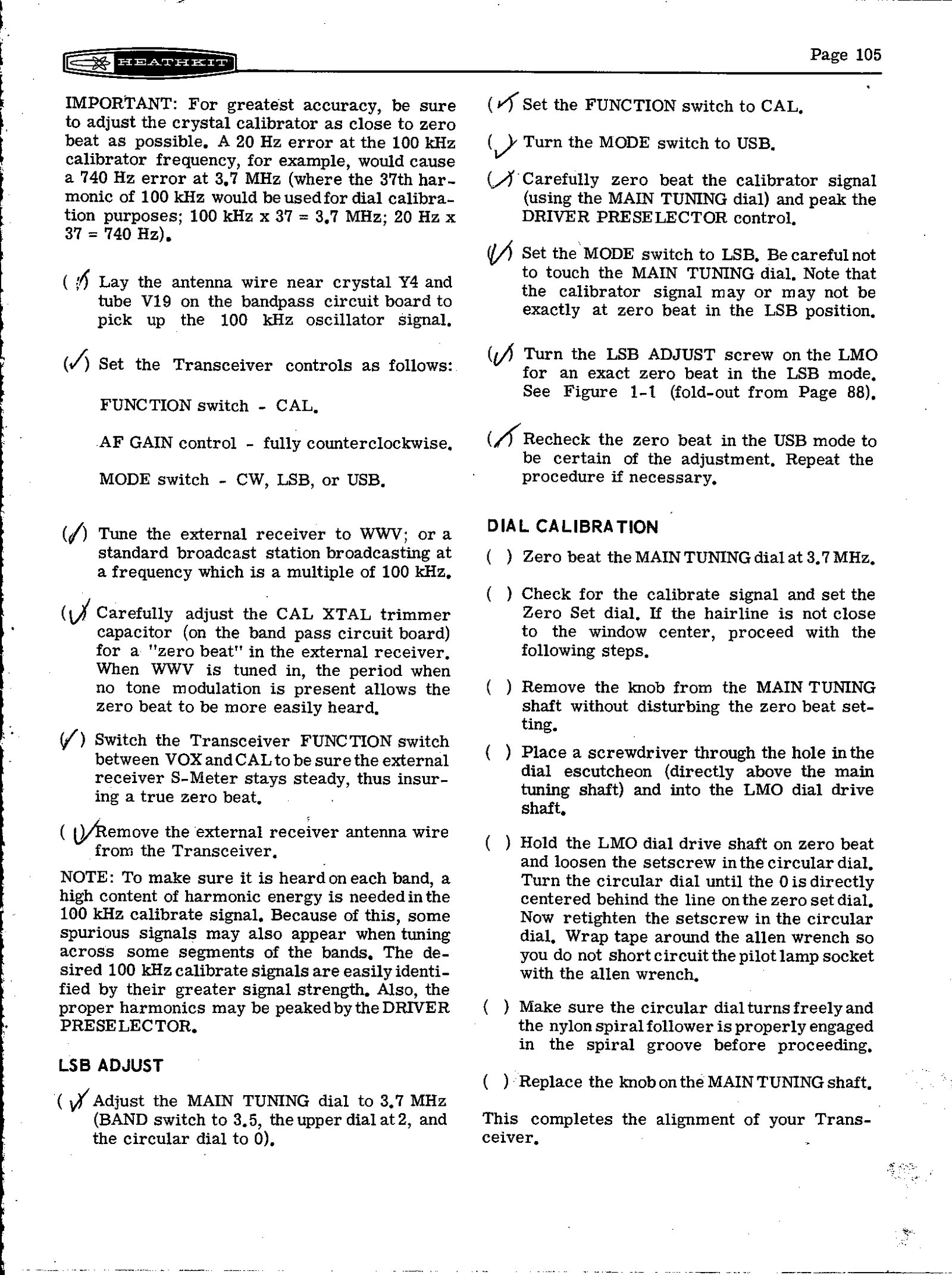 Figure 6 — Page 105: zero-beating the 100 kHz calibrator against WWV (with the 740 Hz example), the LSB ADJUST procedure on the LMO, and dial calibration through the hole in the escutcheon. "This completes th…