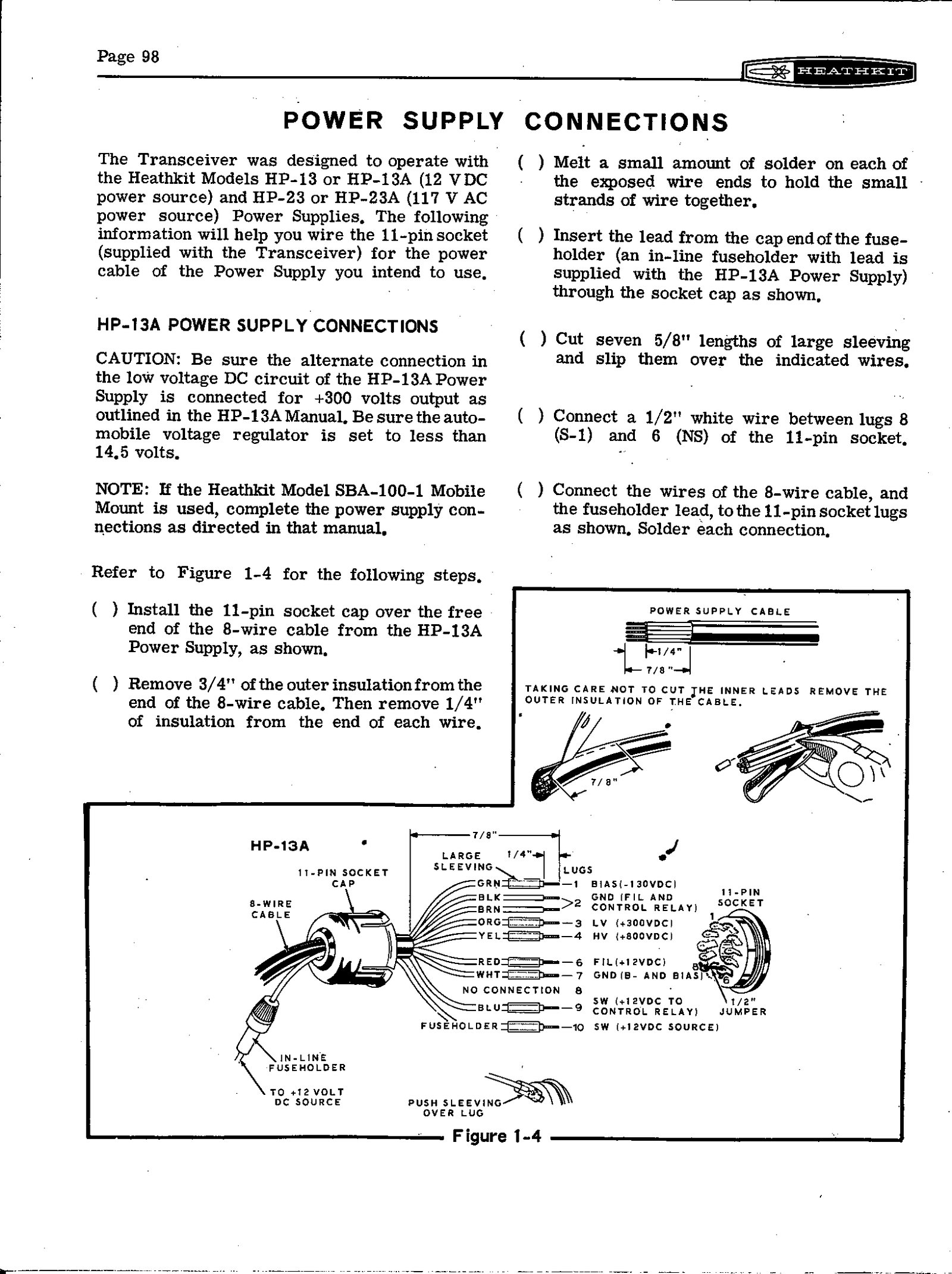 Figure 13 — Page 98, "Power Supply Connections": wiring the 11-pin socket for the HP-13A mobile supply, with the cautions to strap the supply for +300 V and keep the car's voltage regulator below 14.5 V.