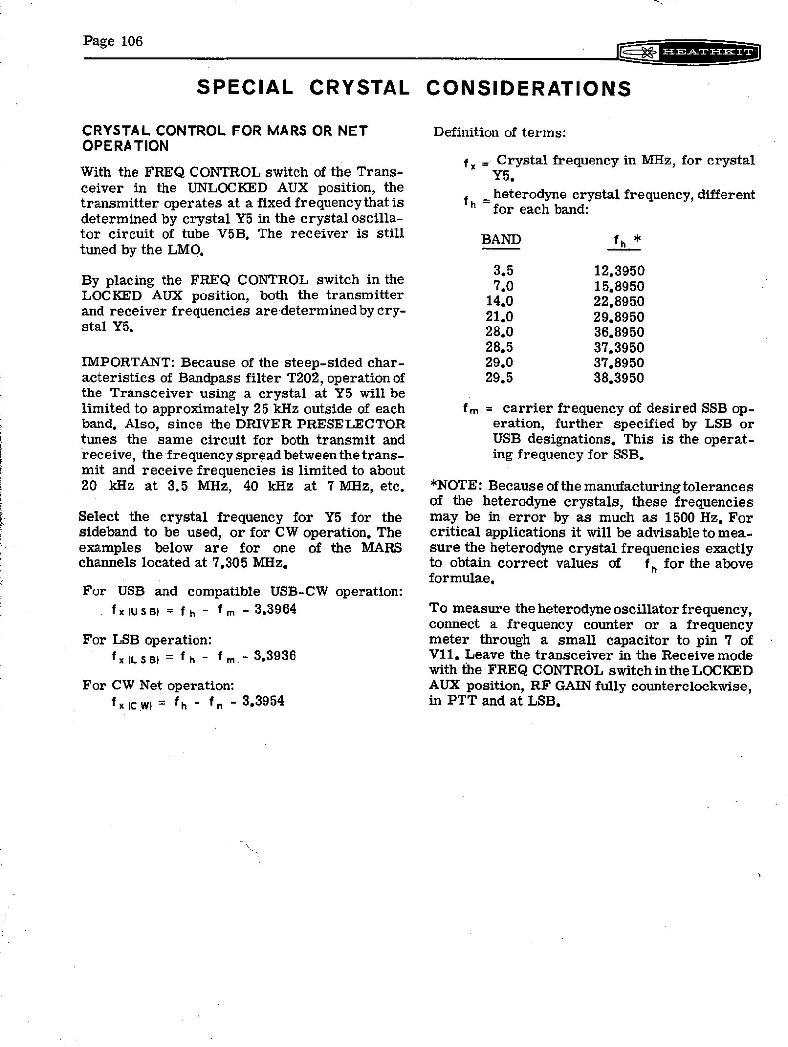 Figure 7 — Page 106, "Special Crystal Considerations": the three FREQ CONTROL positions for MARS and net operation, the limits imposed by the steep-sided bandpass filter, the table of heterodyne crystal frequ…