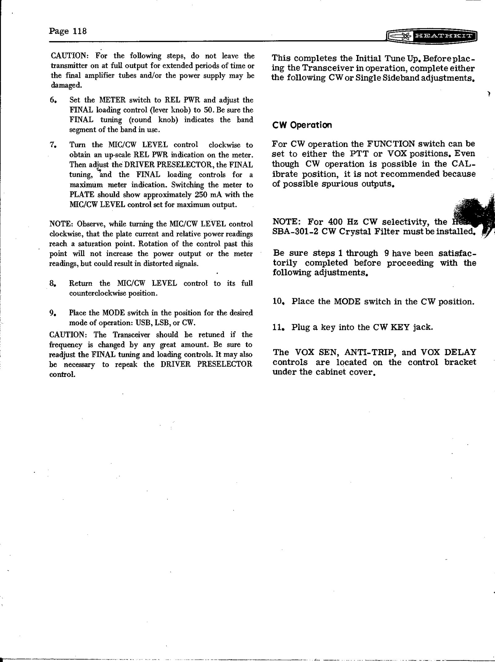 Figure 11 — Page 118: the rest of the initial tune-up — relative power, loading at 50, about 250 mA of plate current at full output, the note on saturation — and the start of CW operation.