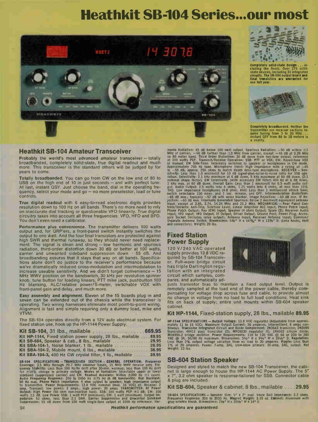 Figure 6 — The SB-104 in the Christmas 1975 catalogue, still at $669.95, with the HP-1144 supply and the SB-604 speaker. The copy calls it "probably the world's most advanced amateur transceiver".