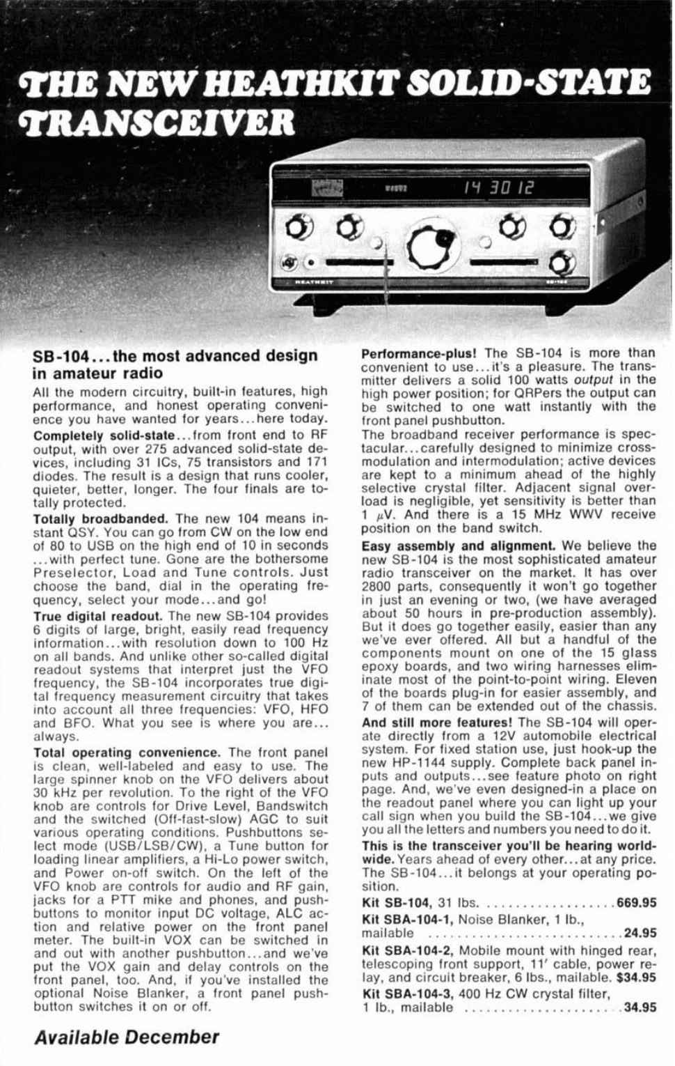 Figure 2 — The launch advertisement, "The new Heathkit solid-state transceiver", from the centre spread of Ham Radio for November 1974. The copy is the source for the 275 devices, the 2,800 parts, the fifteen…