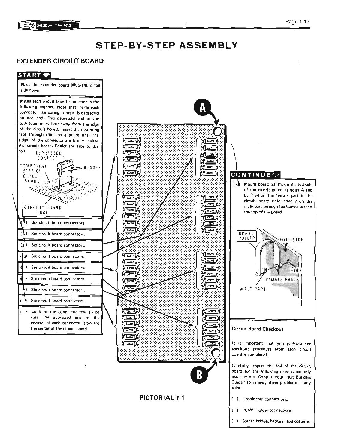 Figure 4 — The first step-by-step page: the extender circuit board, with its six edge connectors fitted to the board's two ends. Heath's step-by-step format places the numbered instruction boxes down the left…