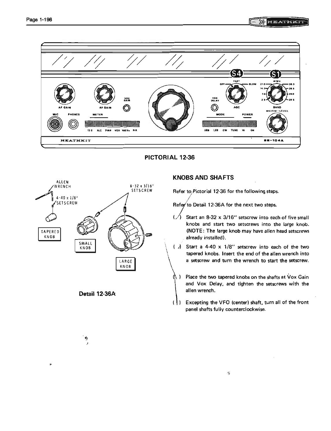 Figure 11 — The finished front panel as the last pictorial in the Assembly manual draws it (Pictorial 12-36), with the knob and set-screw details for the final steps.
