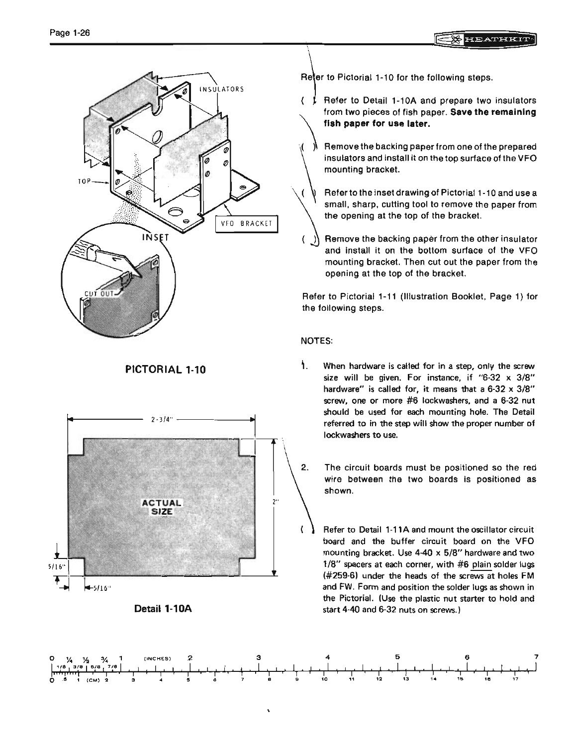 Figure 6 — The VFO mounting bracket with its fish-paper insulators, cut from a full-size template printed in the manual ("actual size"). The oscillator and buffer boards mount on this bracket inside the seale…