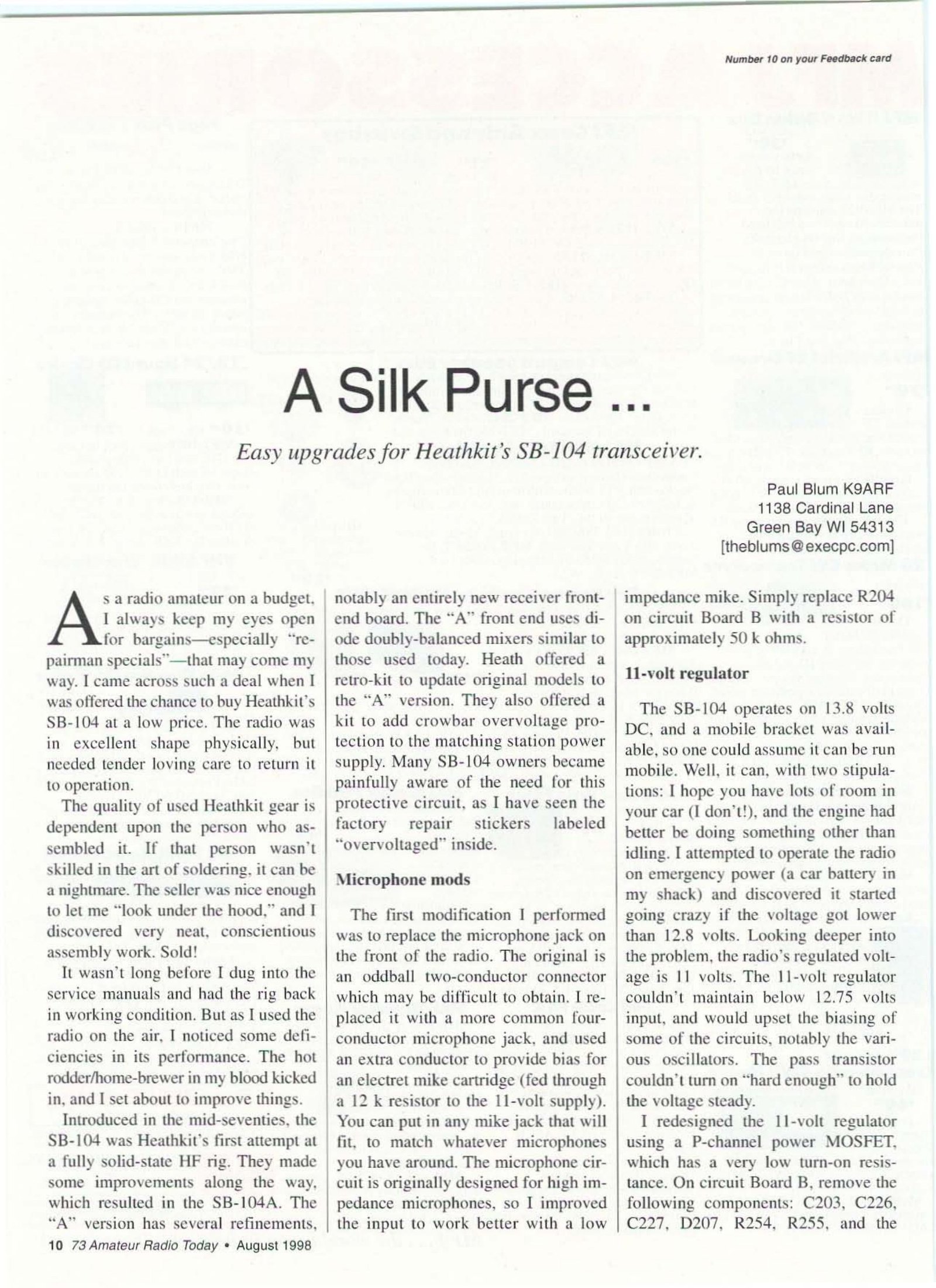 Figure 4 — "A Silk Purse ... Easy upgrades for Heathkit's SB-104 transceiver", by Paul Blum K9ARF: the opening page, on buying a "repairman special", the mechanics of Heath's update kits, and the crowbar kit …