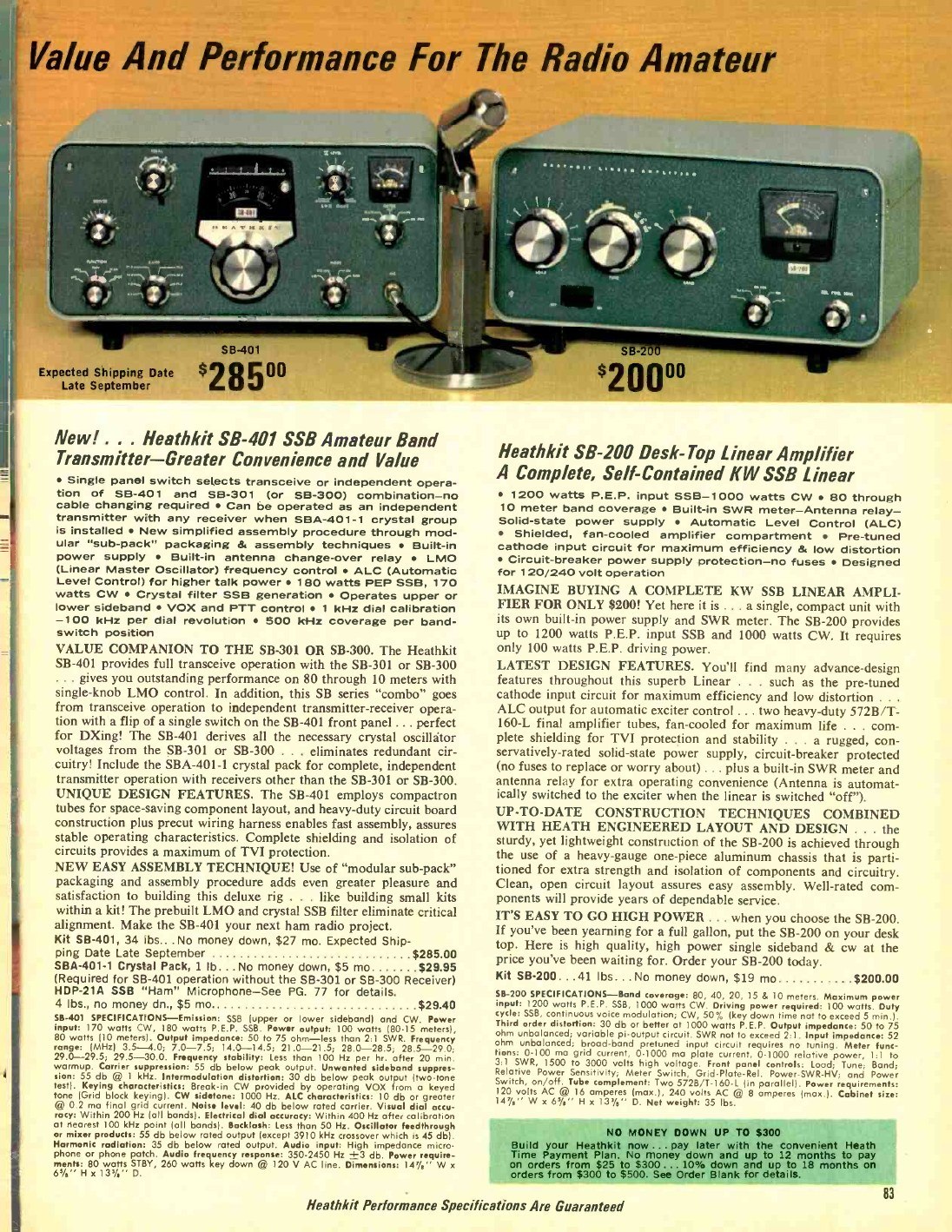 Figure 9 — The facing page announces the SB-401 at $285, "Expected Shipping Date Late September", and explains the new selling idea: "The SB-401 derives all the necessary crystal oscillator voltages from the …