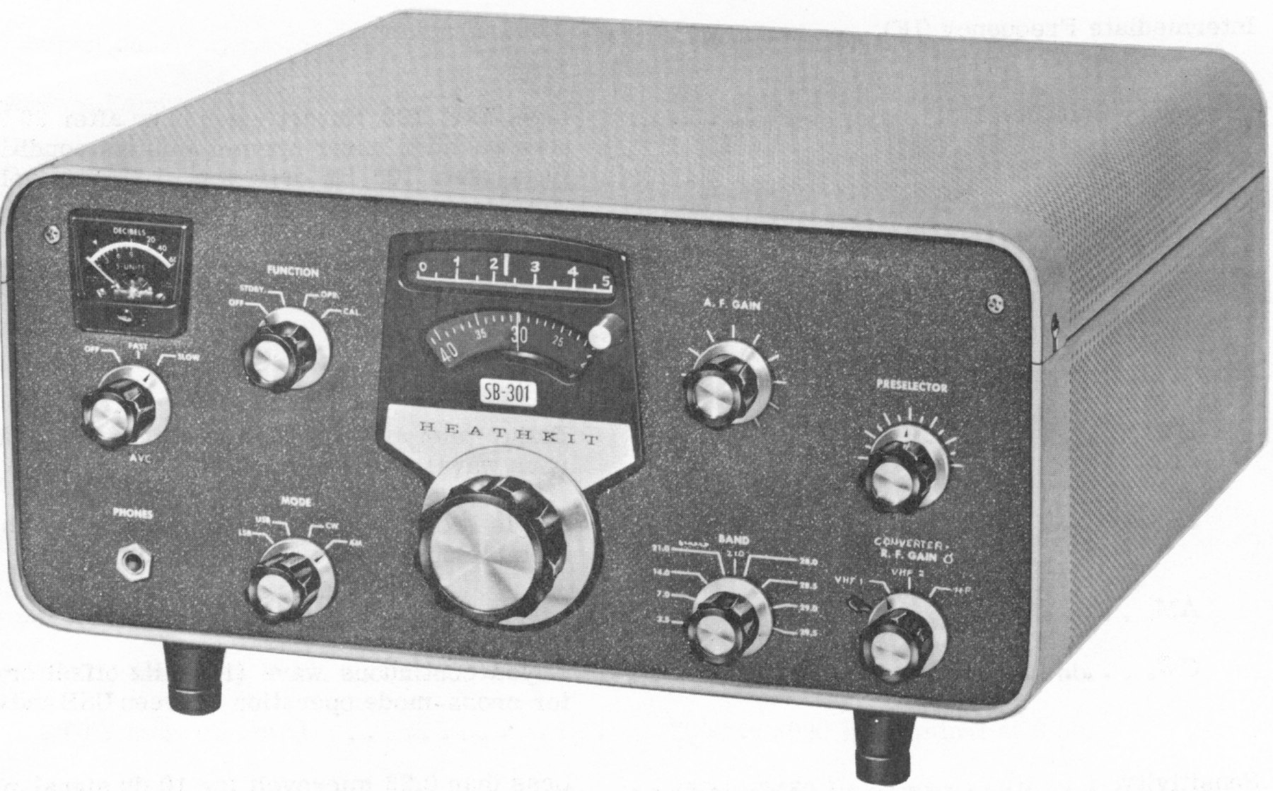 Figure 2 — Heath's own publicity photograph of the SB-301, from the specification sheet packed with the kit. The panel is an early one: the AGC switch is labelled AVC and the mode switch has no RTTY position,…