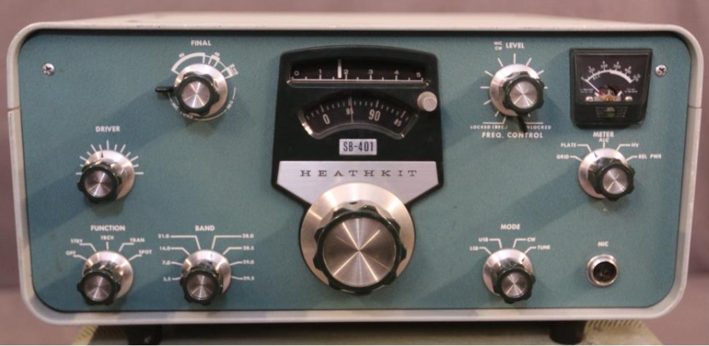 Figure 3 — The SB-401 transmitter. Top row: FINAL tuning with concentric LOAD, the MIC/CW LEVEL control with the FREQ CONTROL switch behind it (LOCKED (RCVR) and UNLOCKED), and the multimeter. Middle: DRIVER …
