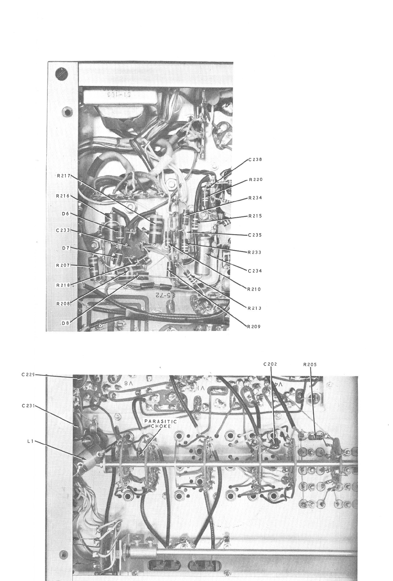 Figure 6 — Part of the SB-301 manual's fold-out chassis photographs, with every part labelled by its schematic number. The upper view shows the chassis-mounted parts in the 200 series around the power supply …