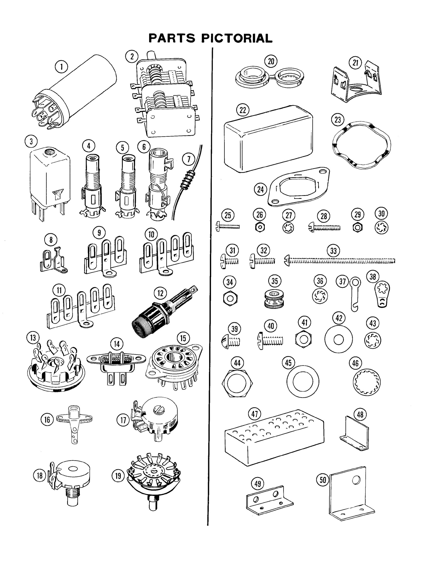 Figure 3 — The parts pictorial that goes with the chassis sub-pack. The numbers in the parts list are keyed to these drawings, so a builder could identify an unfamiliar lug or bushing without guessing.