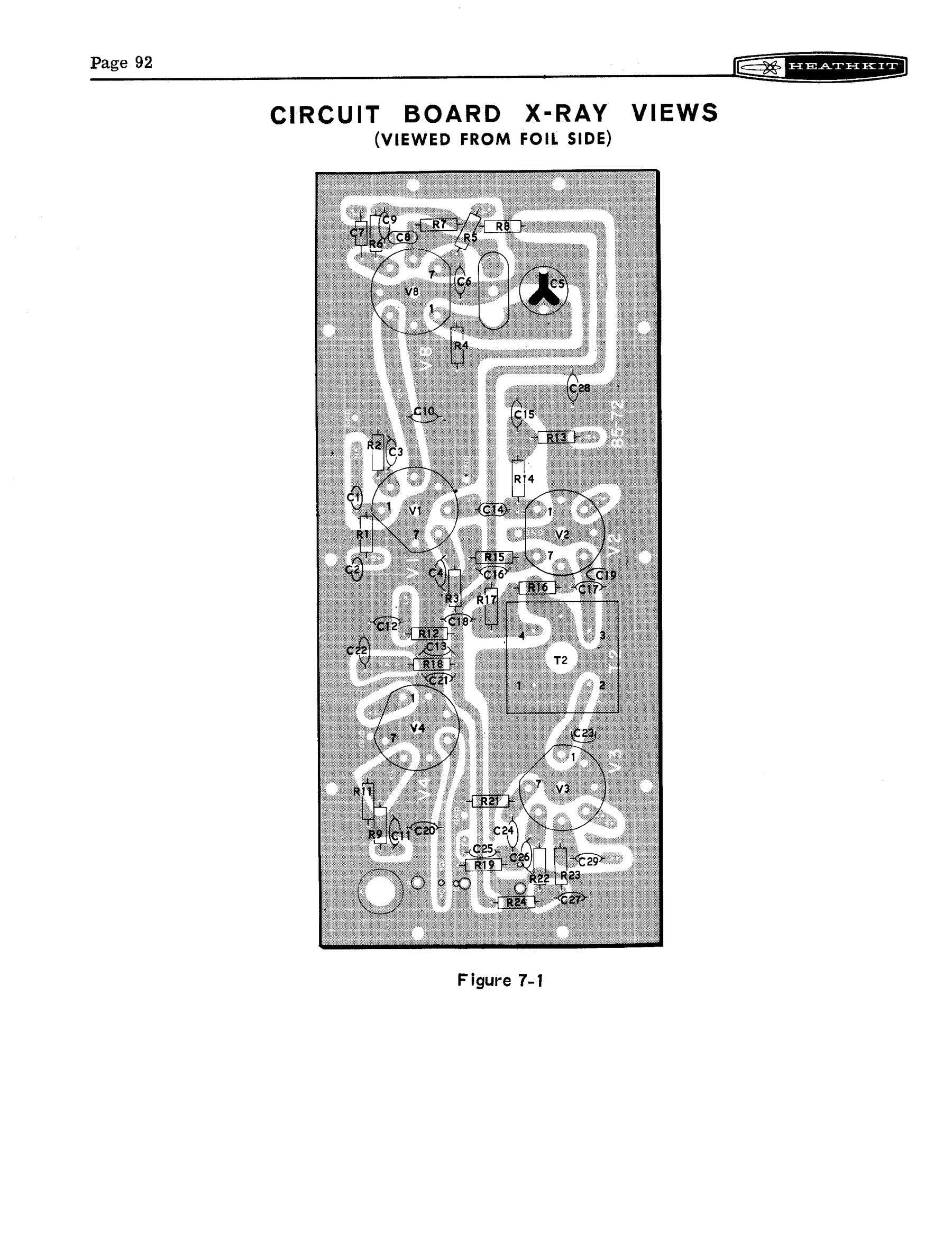 Figure 10 — One of the "X-ray views" at the back of the manual: the IF circuit board drawn from the foil side with every component's outline and number superimposed. These views are what make the boards servic…