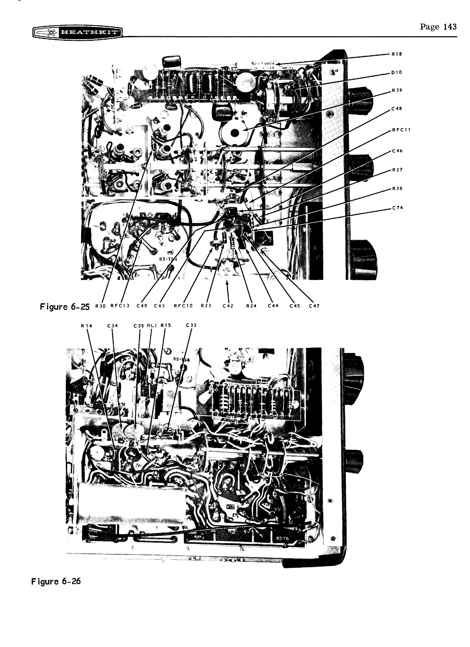 Figure 5 — Two more of the SB-401 manual's chassis photographs (Figures 6-25 and 6-26), underneath the chassis around the relay RL1 and the carrier-generator board. The labels identify the parts named in the …