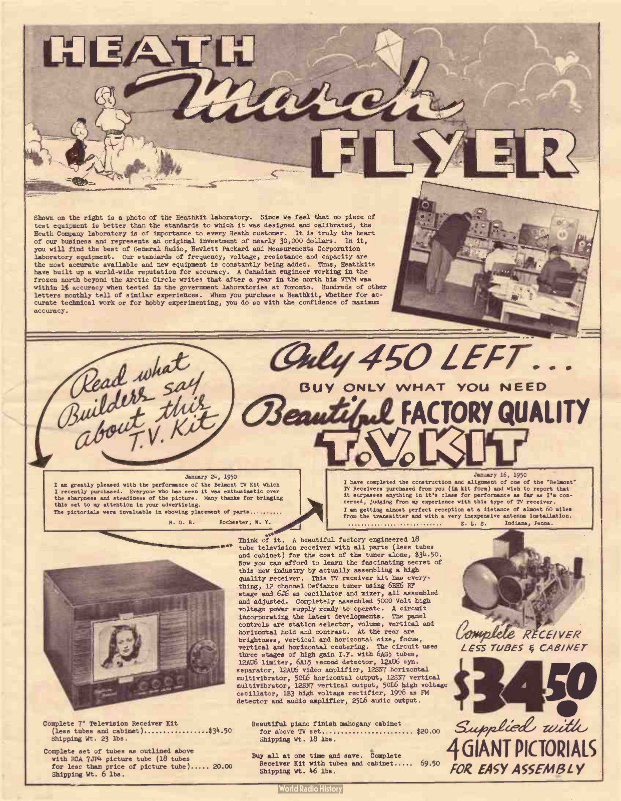 Figure 5 — "Only 450 left ... Beautiful factory quality T.V. kit": the March 1950 flyer, with the 18-tube receiver at $34.50 less tubes and cabinet. Customer letters on the page call it the Belmont kit; it wa…