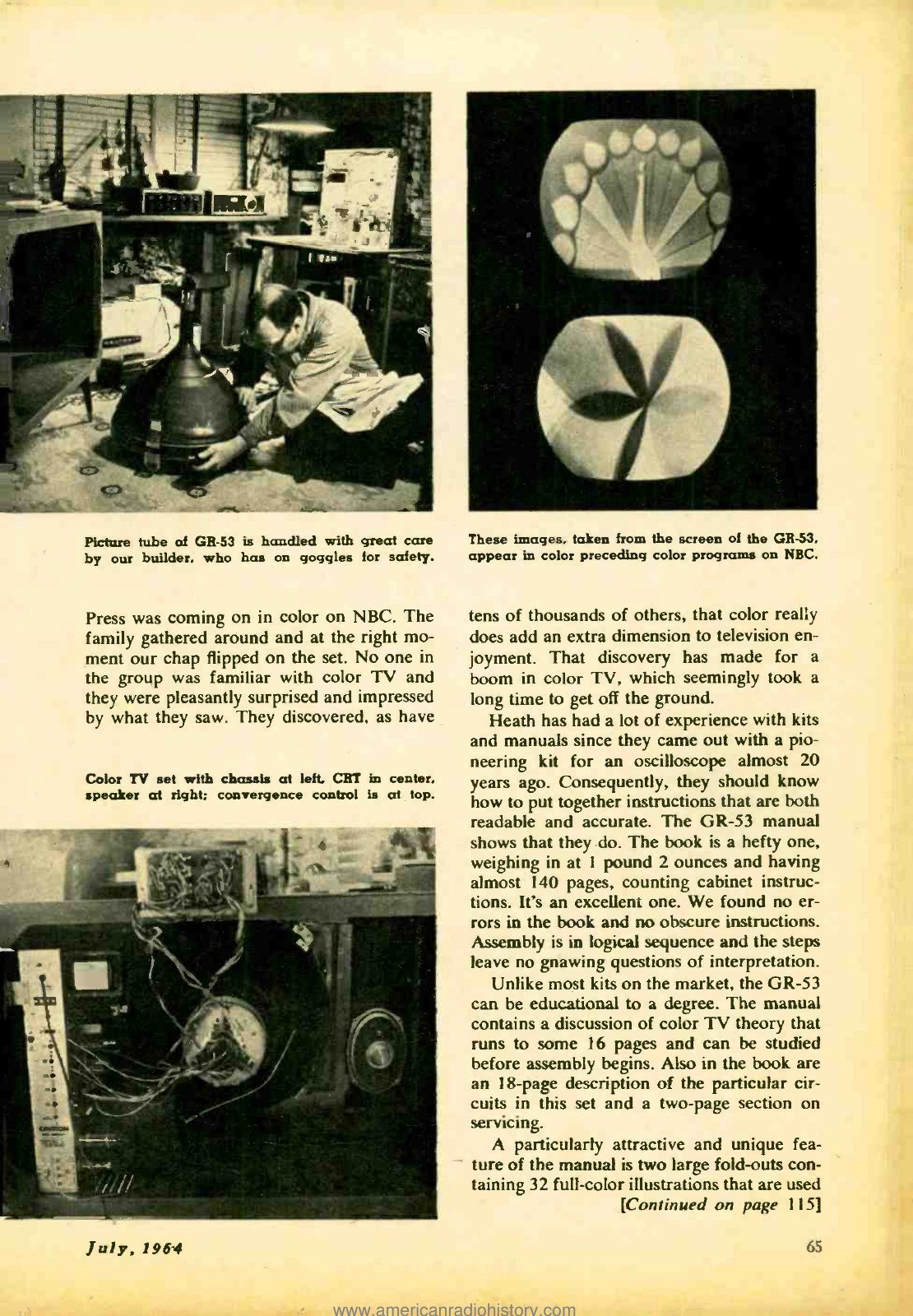 Figure 9 — The Electronics Illustrated builder installing the GR-53's round picture tube, wearing goggles, with the NBC colour test patterns photographed from the finished set's screen. The magazine's total b…
