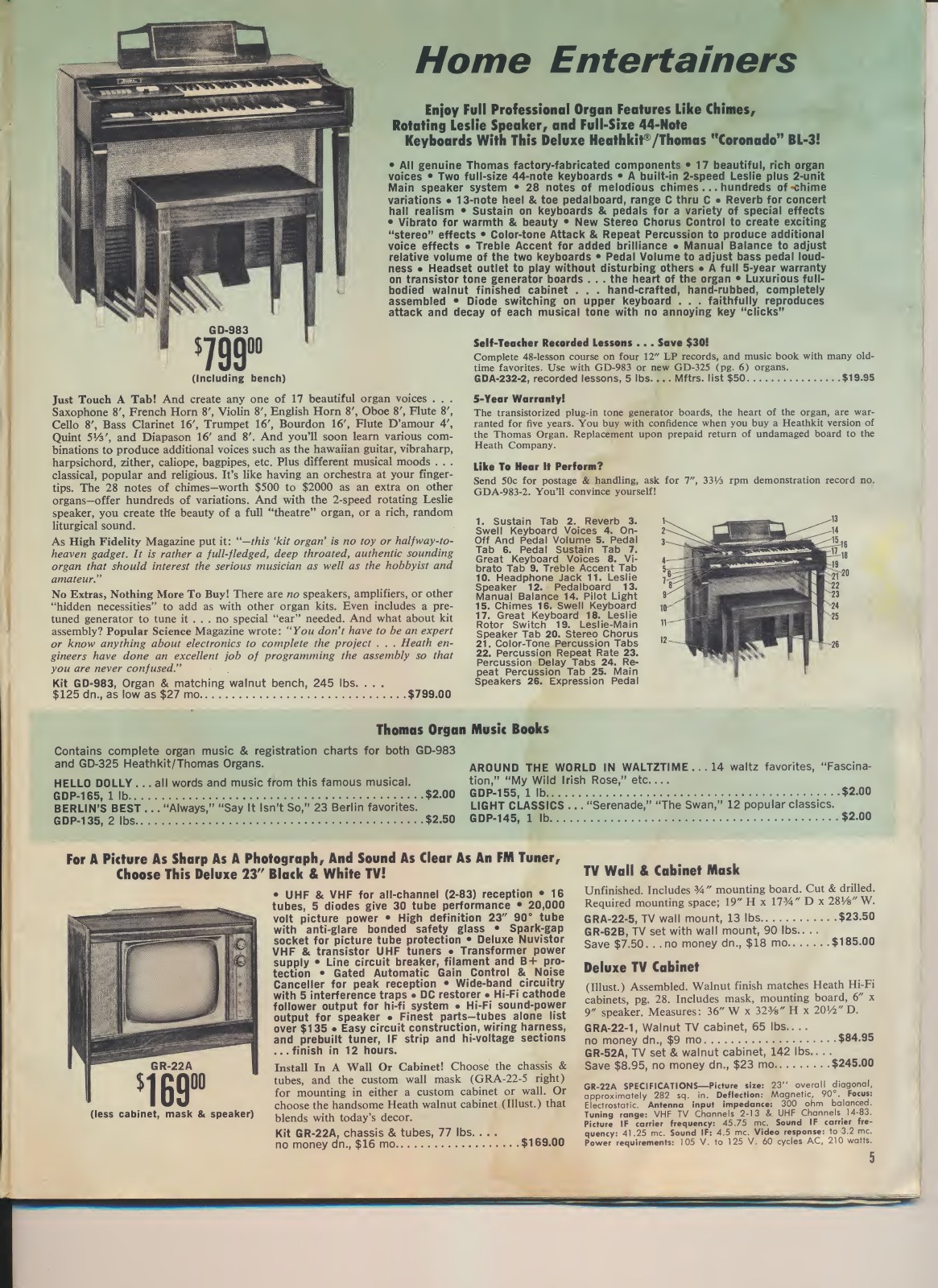 Figure 7 — The GR-22A all-channel black-and-white set at $169.00 in an early-1966 flyer, below a page on the Heathkit/Thomas "Coronado" organ. Heath's televisions were sold in the same "home entertainer" page…