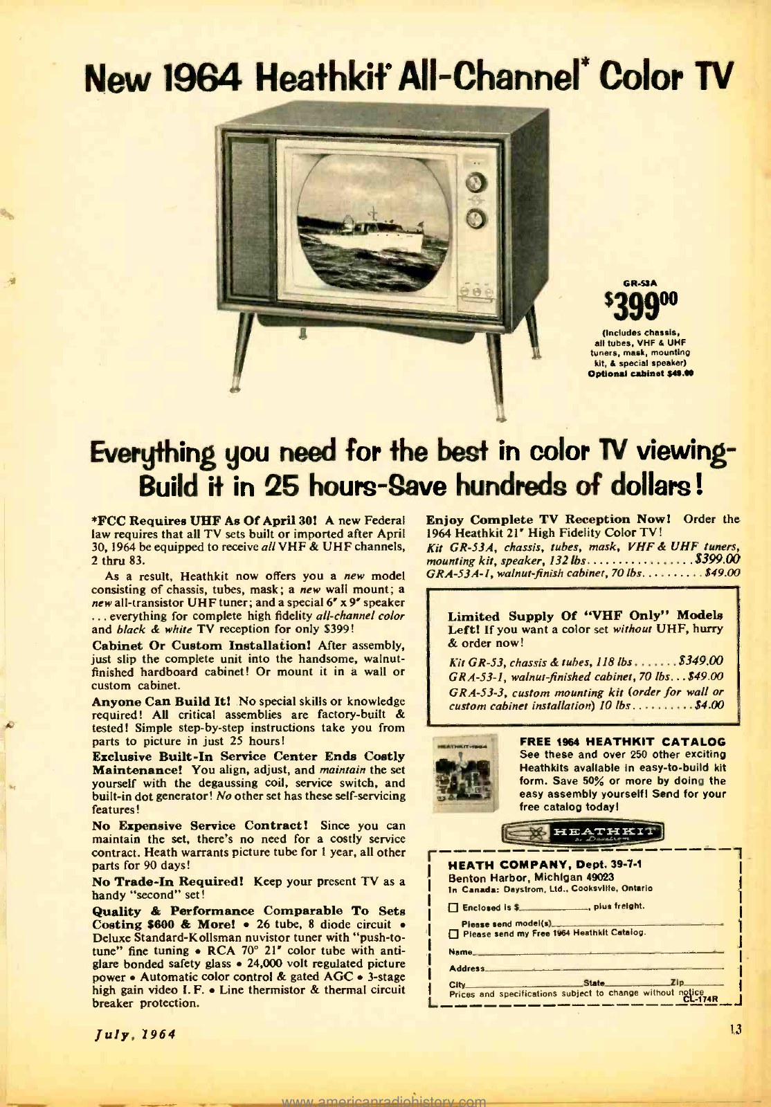 Figure 10 — "New 1964 Heathkit All-Channel Color TV": the GR-53A at $399.00, with the notice that federal law required UHF on every set built after 30 April 1964 and a "limited supply of VHF only models" (the …