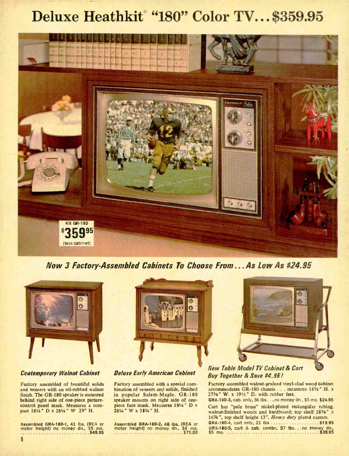 Figure 6 — The "180" at $359.95 in 1968, the smallest tube colour set, with three factory-assembled cabinets from $24.95 including a table-model cabinet on a cart.