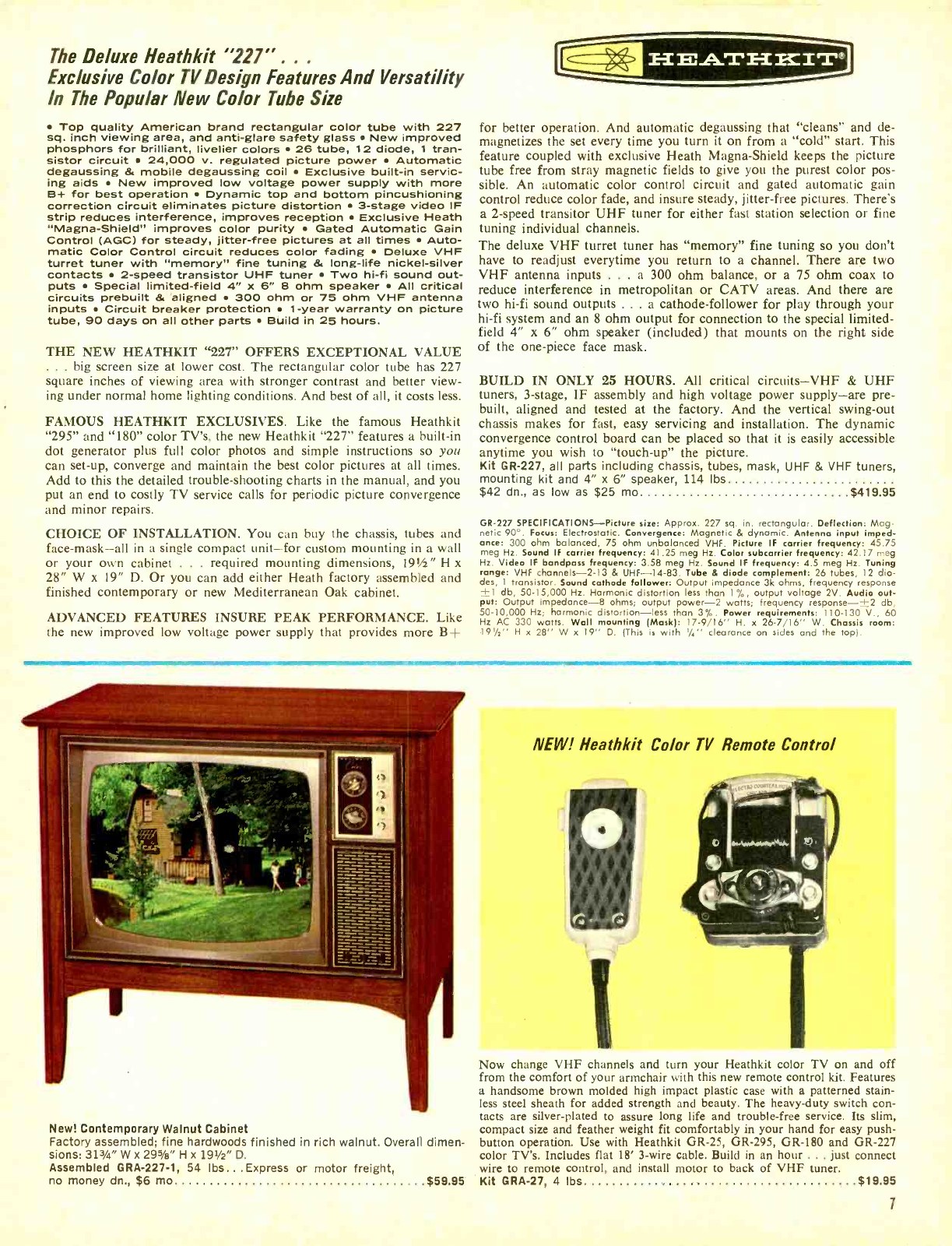 Figure 8 — The GR-227 page of 1968, with the new contemporary walnut cabinet and, at bottom right, the first Heathkit television remote control, a cable-connected unit at $19.95.