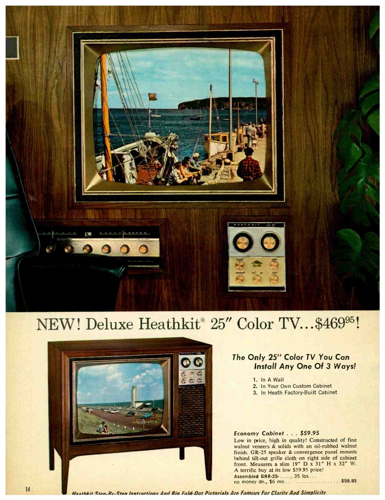 Figure 3 — "NEW! Deluxe Heathkit 25-inch Color TV ... $469.95!": the GR-25 built into a panelled wall, with the walnut economy cabinet at $59.95 as the alternative.