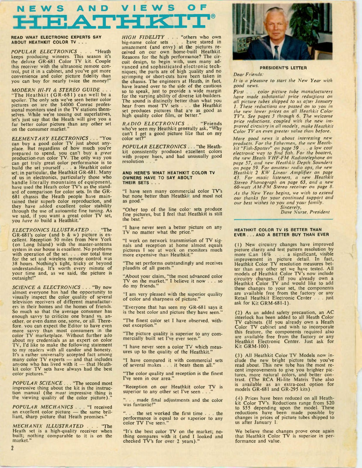 Figure 11 — "Read what electronic experts say about Heathkit color TV": a page of quotations from Popular Electronics, Modern Hi-Fi & Stereo Guide, Radio-Electronics, Popular Science and others, beside David W…