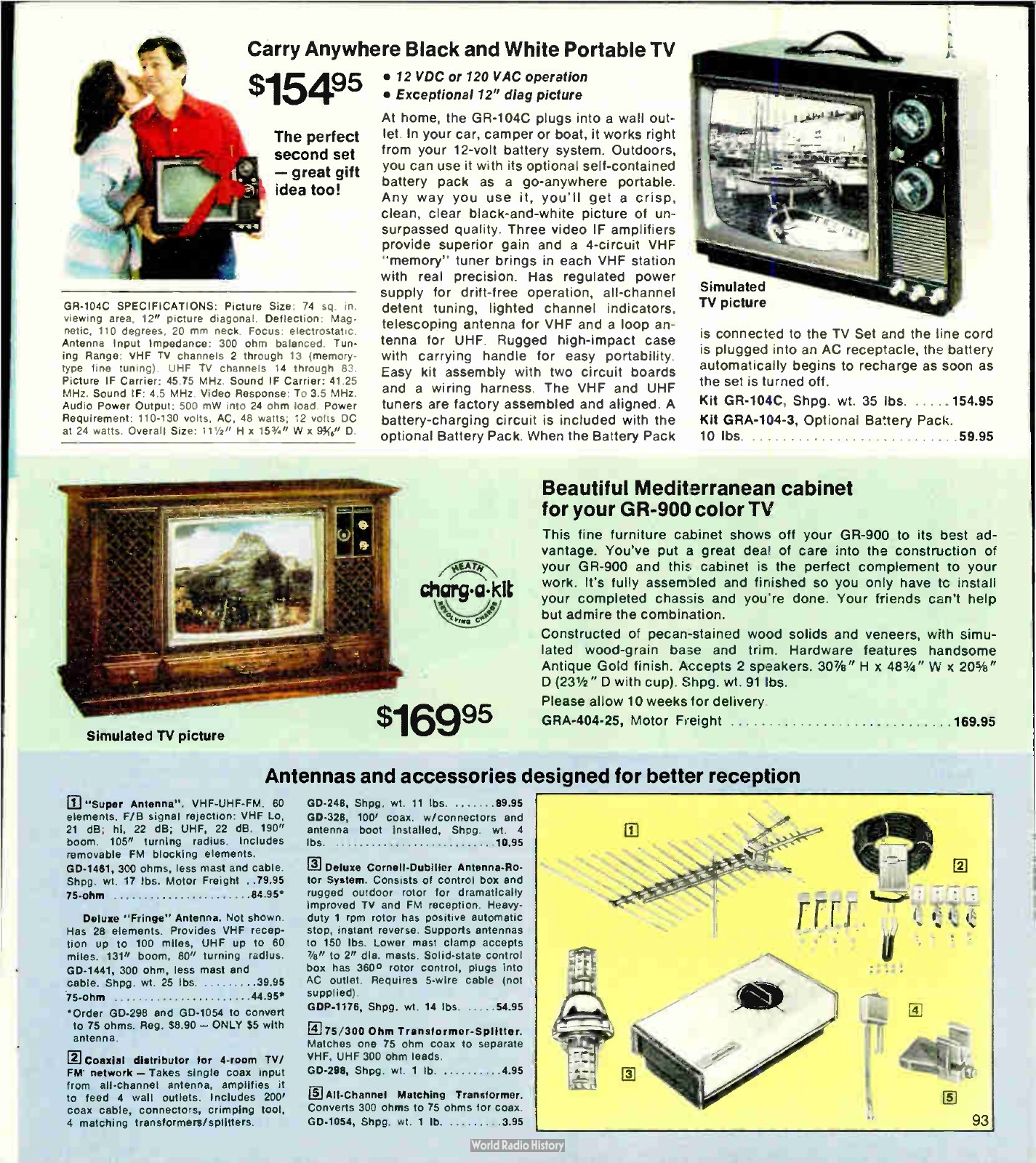 Figure 13 — The last years of the 12-inch portable: the GR-104C at $154.95 in Fall 1977, with the beautiful Mediterranean cabinet for the GR-900 and aerial accessories on the same page.