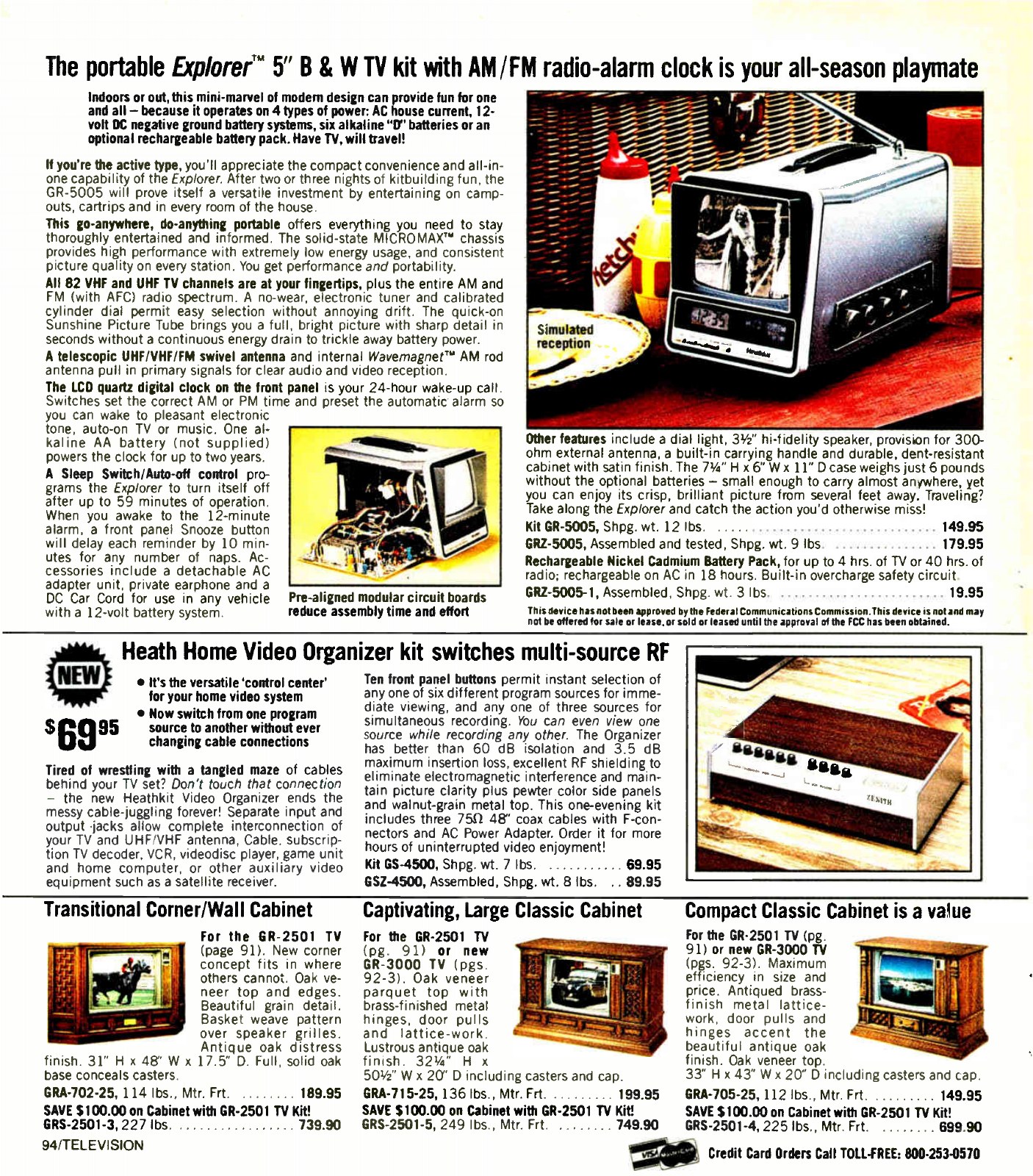 Figure 9 — "The portable Explorer 5-inch B&W TV kit with AM/FM radio-alarm clock is your all-season playmate": the GR-5005 at $149.95, with the GR-2501 cabinets below, Winter 1983.