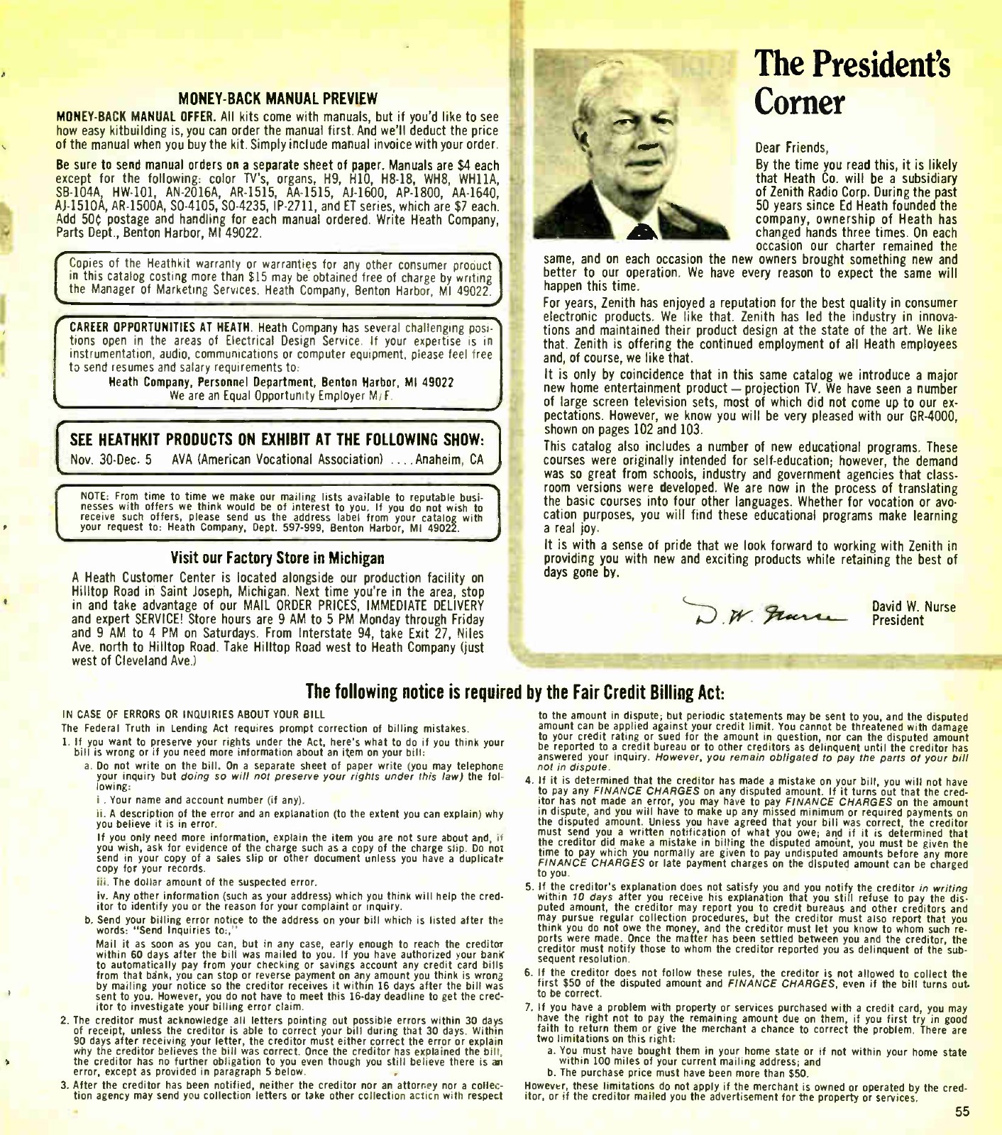 Figure 2 — "The President's Corner", Christmas 1979: David W. Nurse tells customers that Heath is about to become a subsidiary of Zenith Radio Corp., and introduces the GR-4000 projection set in the same letter.