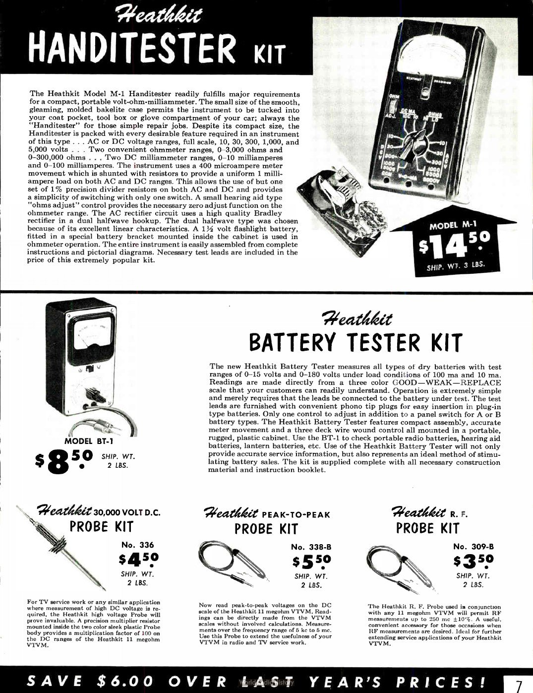 Figure 9 — Page 7 of the 1954 catalogue: the M-1 Handitester ($14.50), the BT-1 battery tester ($8.50) and three voltmeter probes, the 336 high-voltage probe for 30,000 V ($4.50), the 338-B peak-to-peak probe…