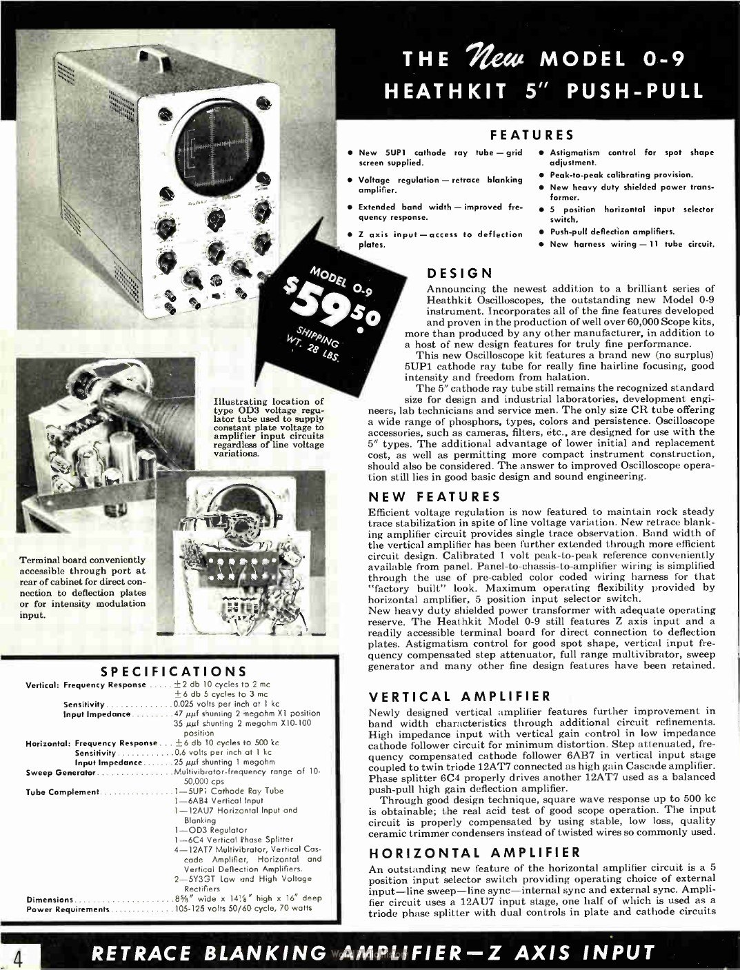 Figure 6 — The O-9 page of the 1954 catalogue, $59.50. The copy claims more than 60,000 Heathkit scope kits produced, "more than produced by any other manufacturer", and stresses that the 5UP1 tube is new, no…