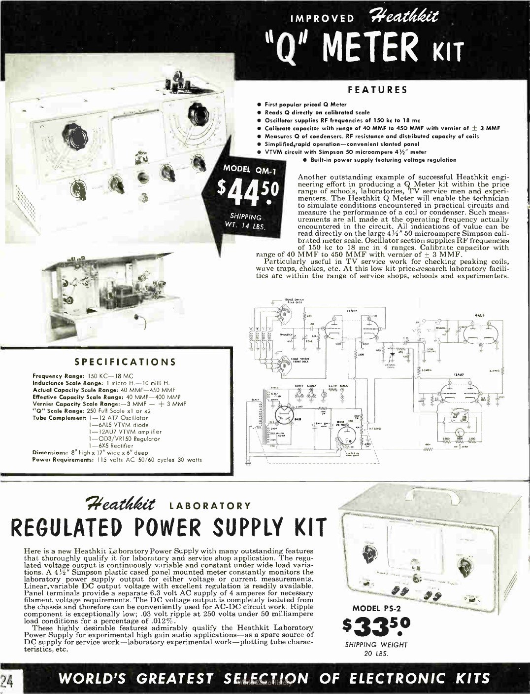 Figure 11 — Carl Helber's "Q" meter, the QM-1, at $44.50 in 1954 ("first popular priced Q meter"), above the PS-2 regulated laboratory power supply at $33.50. Both were aimed at schools and small laboratories …