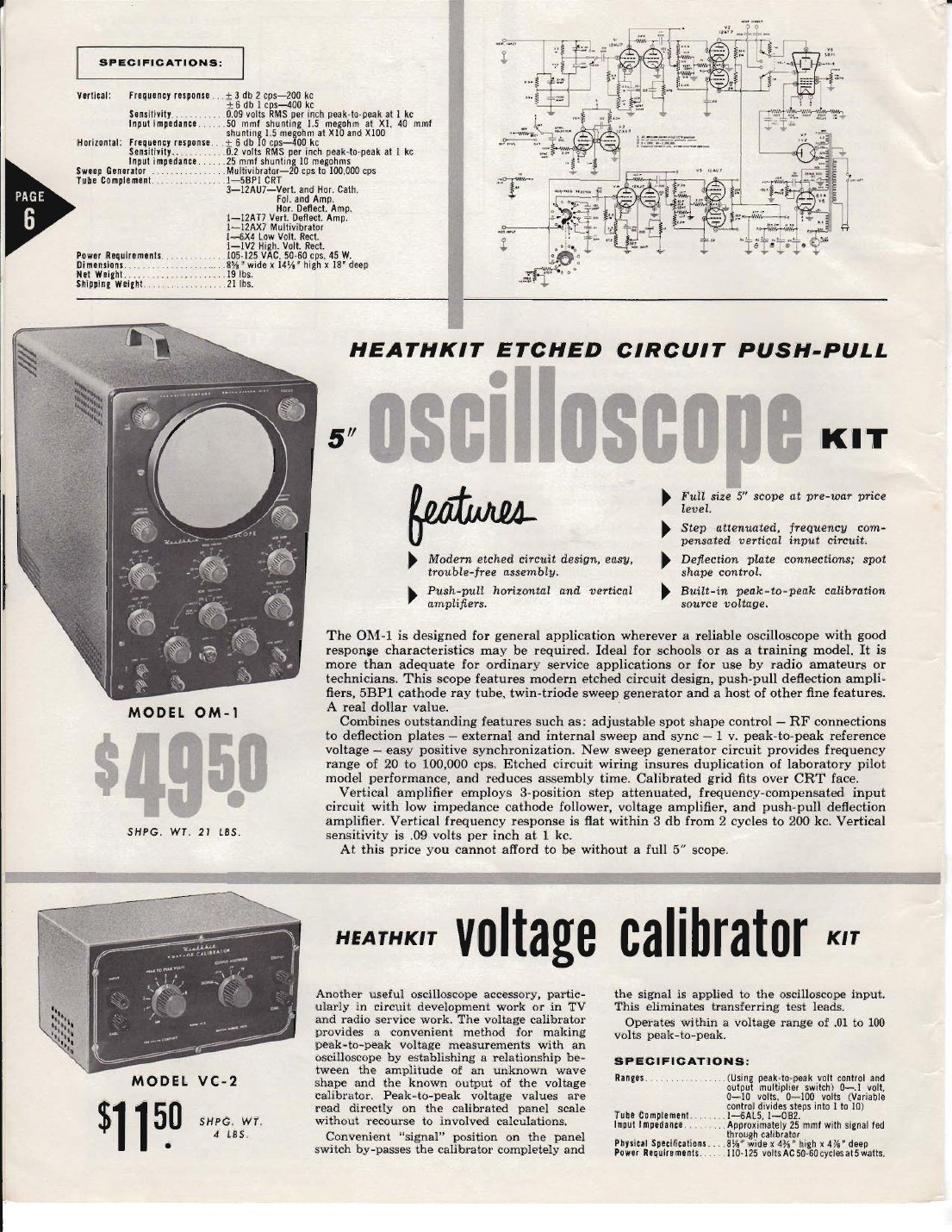 Figure 5 — The OM-1 etched-circuit utility scope at $49.50 in the 1956 catalogue, with the VC-2 voltage calibrator at $11.50 below it. The OM-1 had been launched at $39.50.