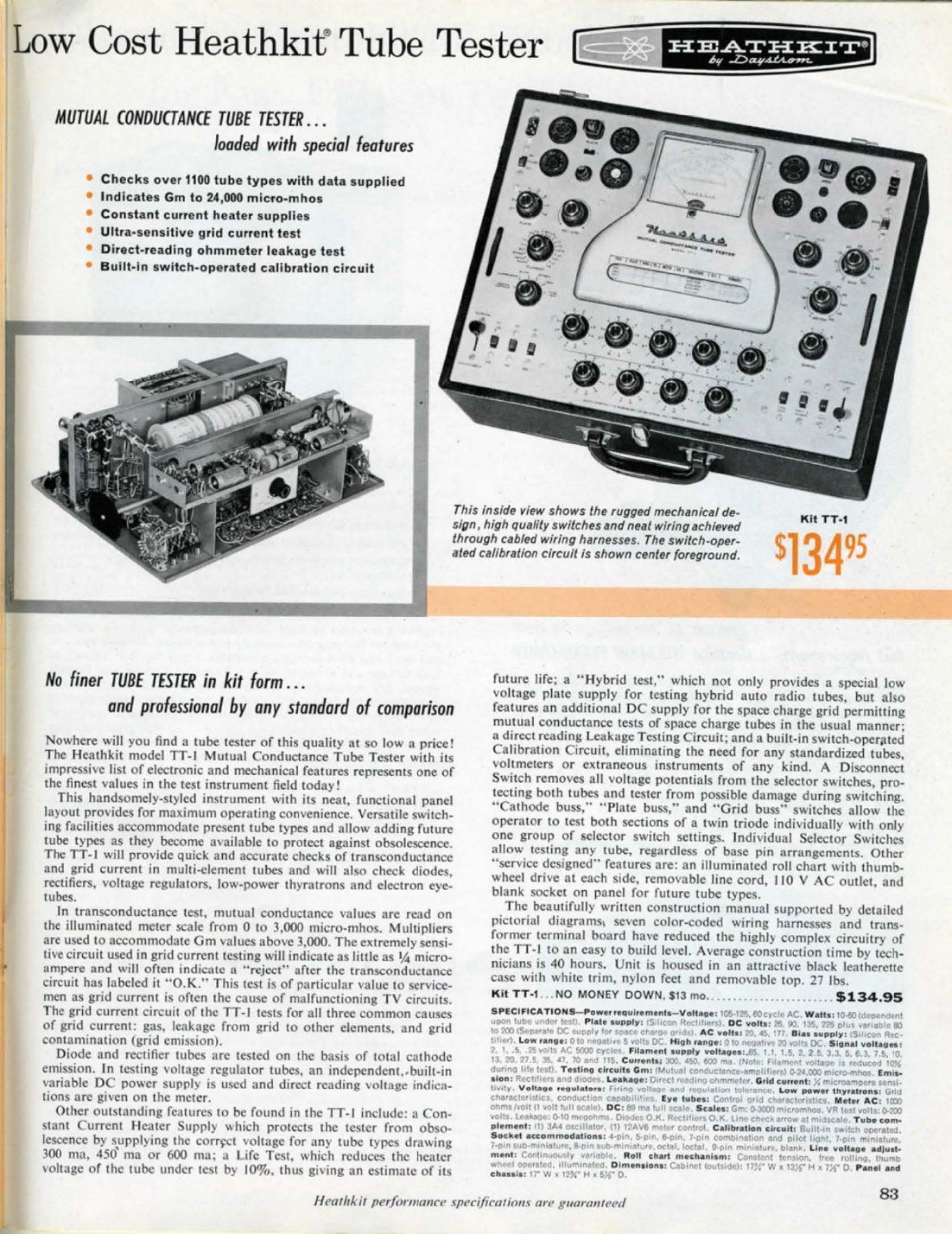 Figure 8 — "Low Cost Heathkit Tube Tester": the TT-1 mutual-conductance tester at $134.95 in the Fall–Winter 1961 catalogue, "checks over 1100 tube types," with an inside view of its cabled harnesses and swit…