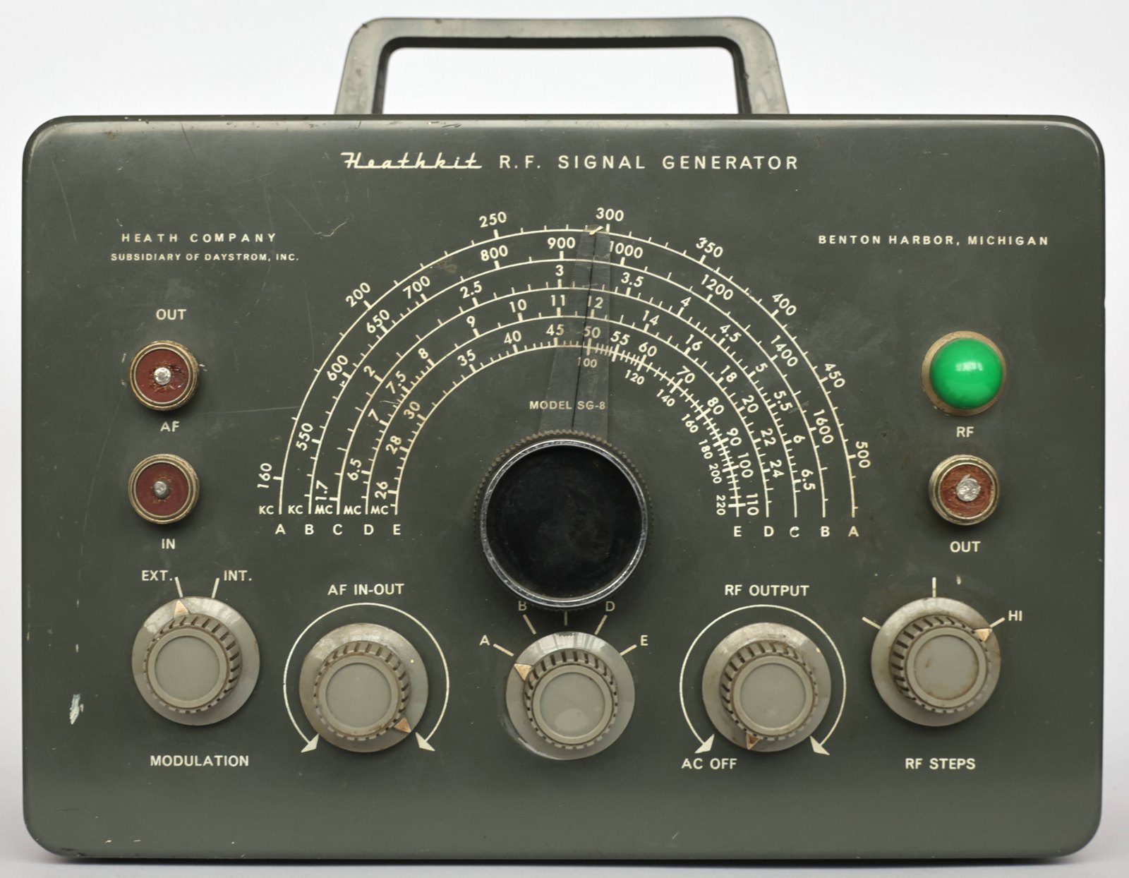 Figure 2 — A Heathkit R.F. signal generator of the Daystrom years, its charcoal panel lettered "Heath Company, a subsidiary of Daystrom, Inc." The legend dates a panel to between 1955 and the early 1960s.