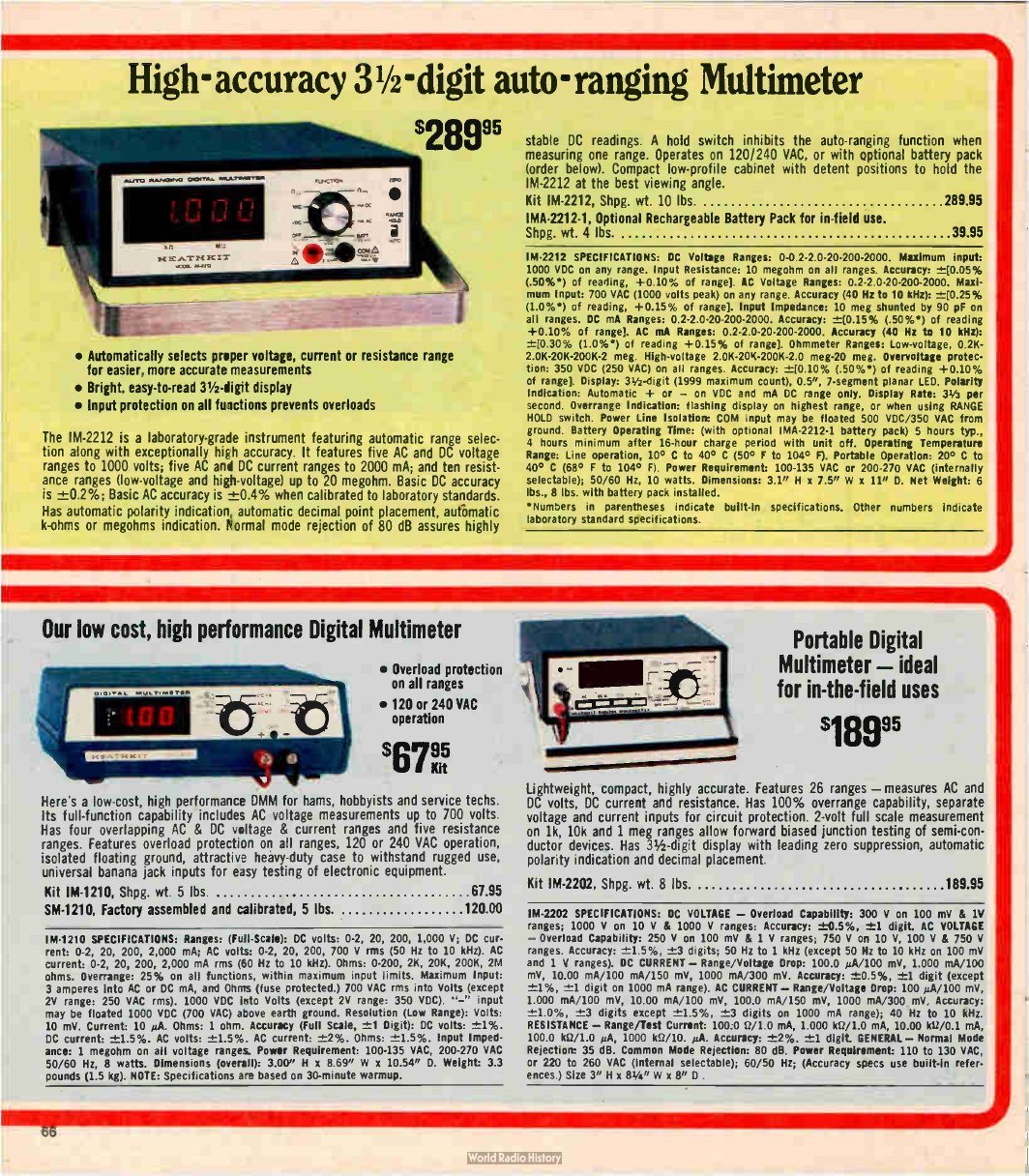 Figure 2 — Digital meters in 1980: the IM-2212 3½-digit auto-ranging bench multimeter at $289.95, the IM-1210 low-cost DMM at $67.95 (or $120.00 assembled as the SM-1210) and the IM-2202 portable at $189.95.